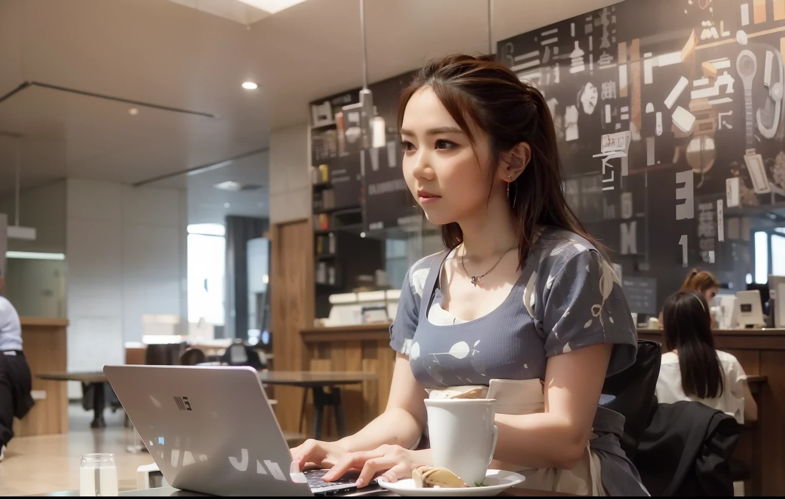 Woman sitting at table with laptop and cup of coffee, working in her laptop computer, sitting in front of the computer, in front of a computer, sitting in front of the computer, in a coffee shop, sitting alone in a cafe, A young Asian woman, Working hard, working on a laptop at a desk, sitting in a café