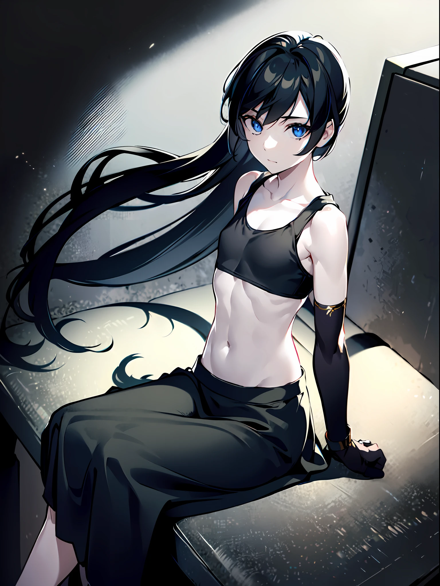 1girl, (solo:1.2), ((masterpiece)), slim, small chest, pale skin, ((detailed eyes)), (bokeh effect), (dynamic angle), armpits, navel, black hair, long hair, (tanktop:1.3), (long skirt:1.3), (elbow gloves), sitting, interior