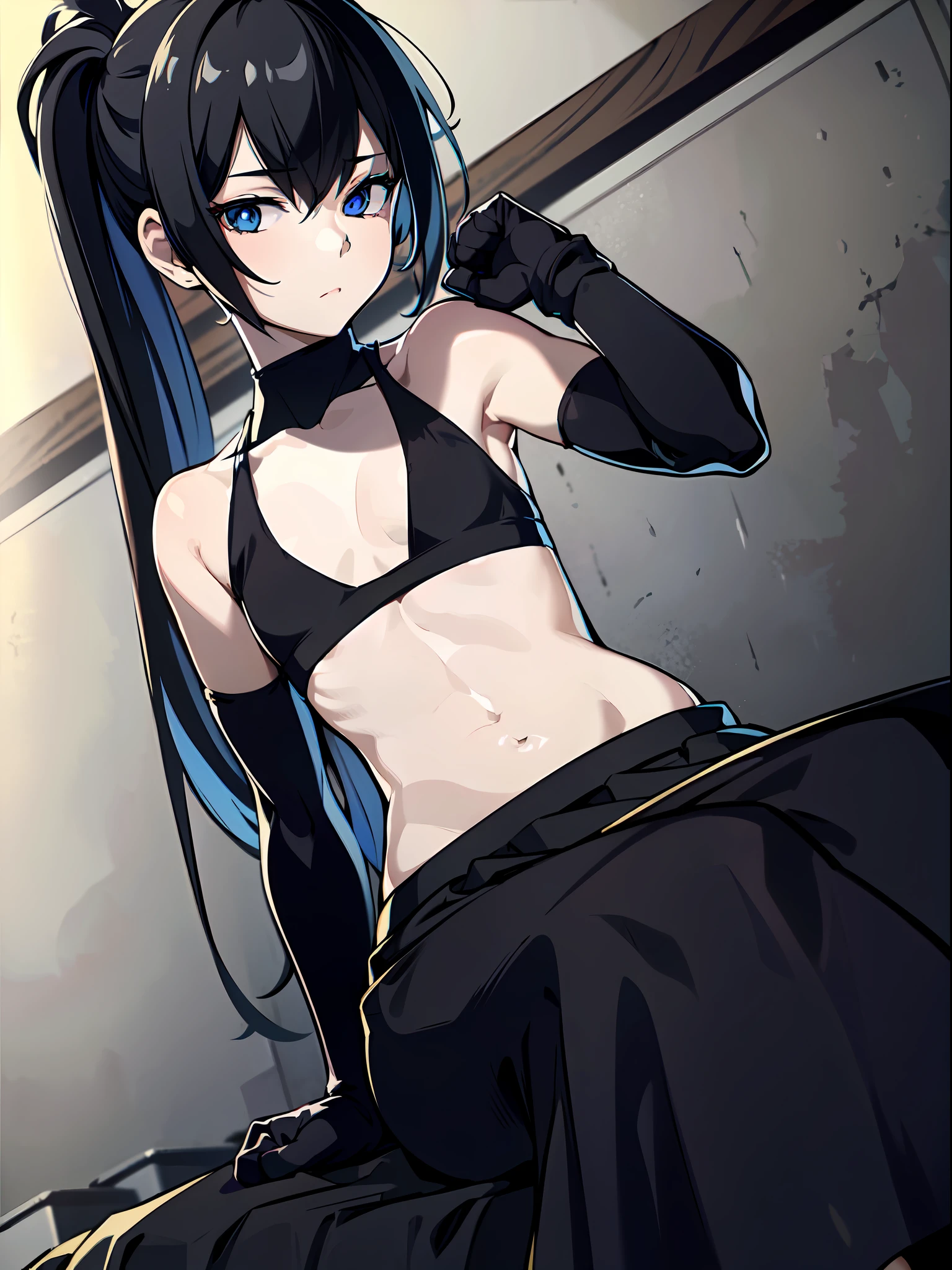 1girl, (solo:1.2), ((masterpiece)), slim, small chest, pale skin, ((detailed eyes)), (bokeh effect), (dynamic angle), armpits, navel, black hair, long hair, (tanktop:1.3), (long skirt:1.3), (elbow gloves), sitting, interior