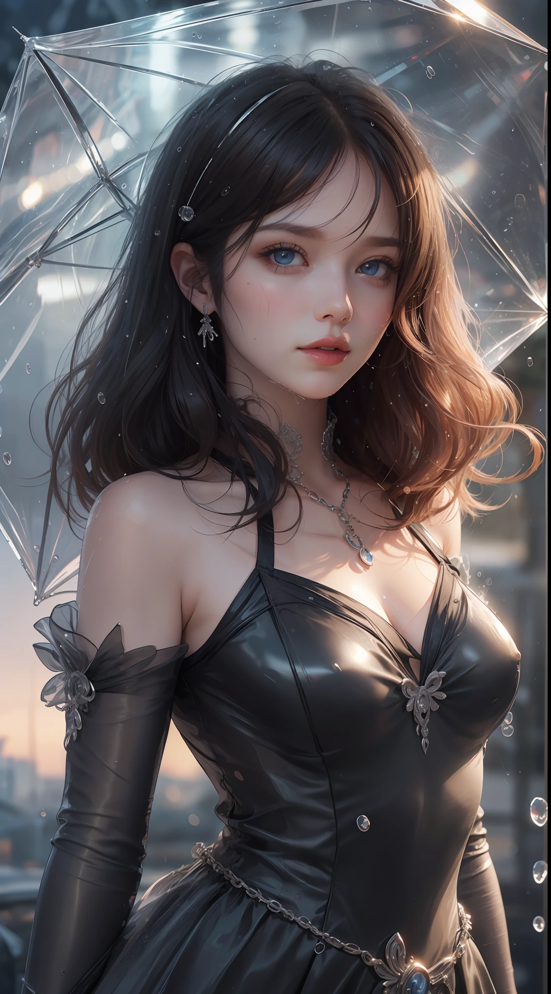 8K ultra hd, masterpiece, ultra quality, a cute girl, cute face, detailed eyes, detailed lip, medium breathe, dress, shining black dress, beautiful dress, rain effect, wet, evening time, dim light, upper body capture, whole body capture,