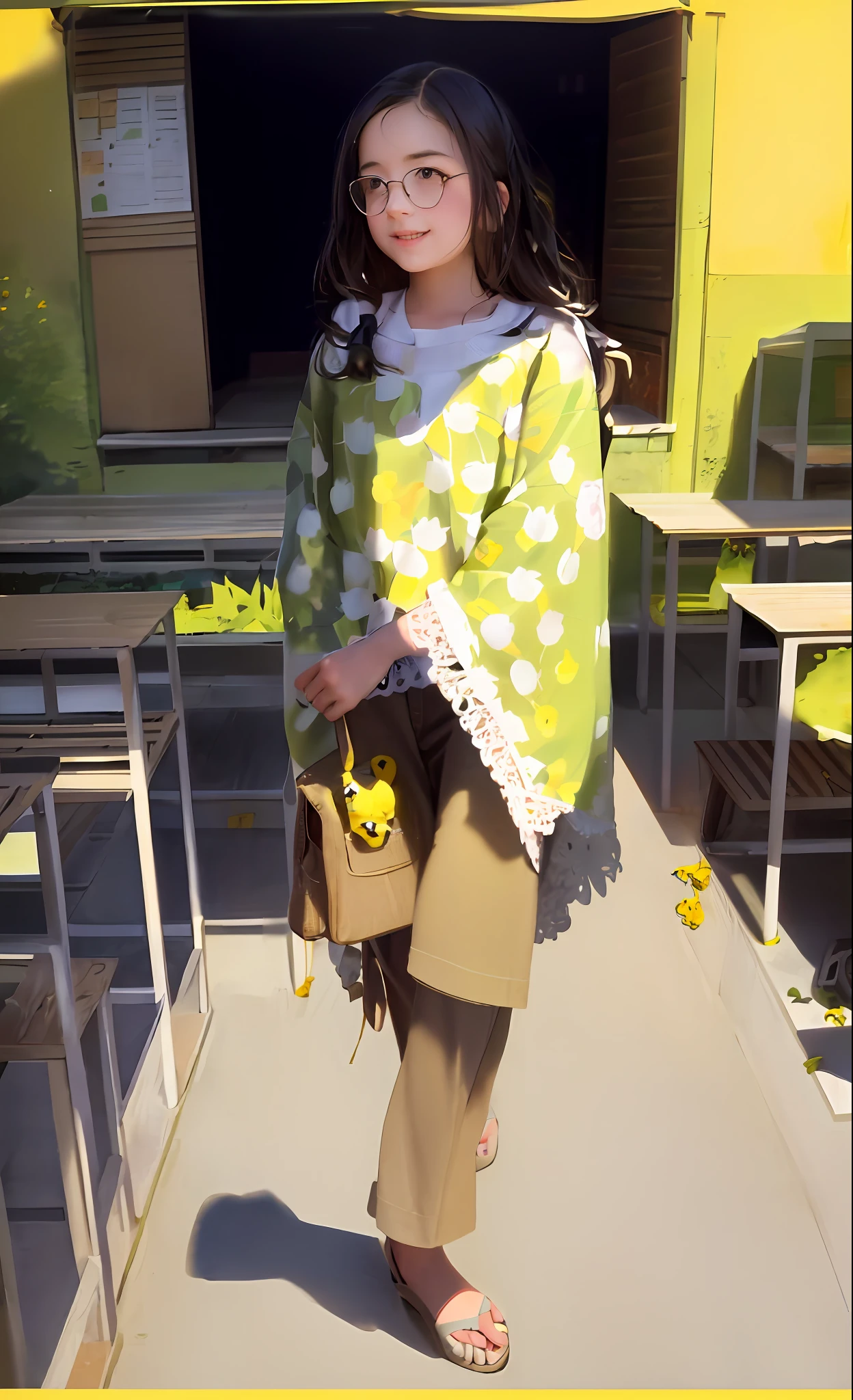 Prompt: An incredibly charming little girl carrying a backpack, accompanied by her adorable puppy, enjoying a lovely spring outing surrounded by beautiful yellow flowers and natural scenery. The illustration is in high definition at 4k resolution, with highly-detailed facial features and cartoon-style visuals.