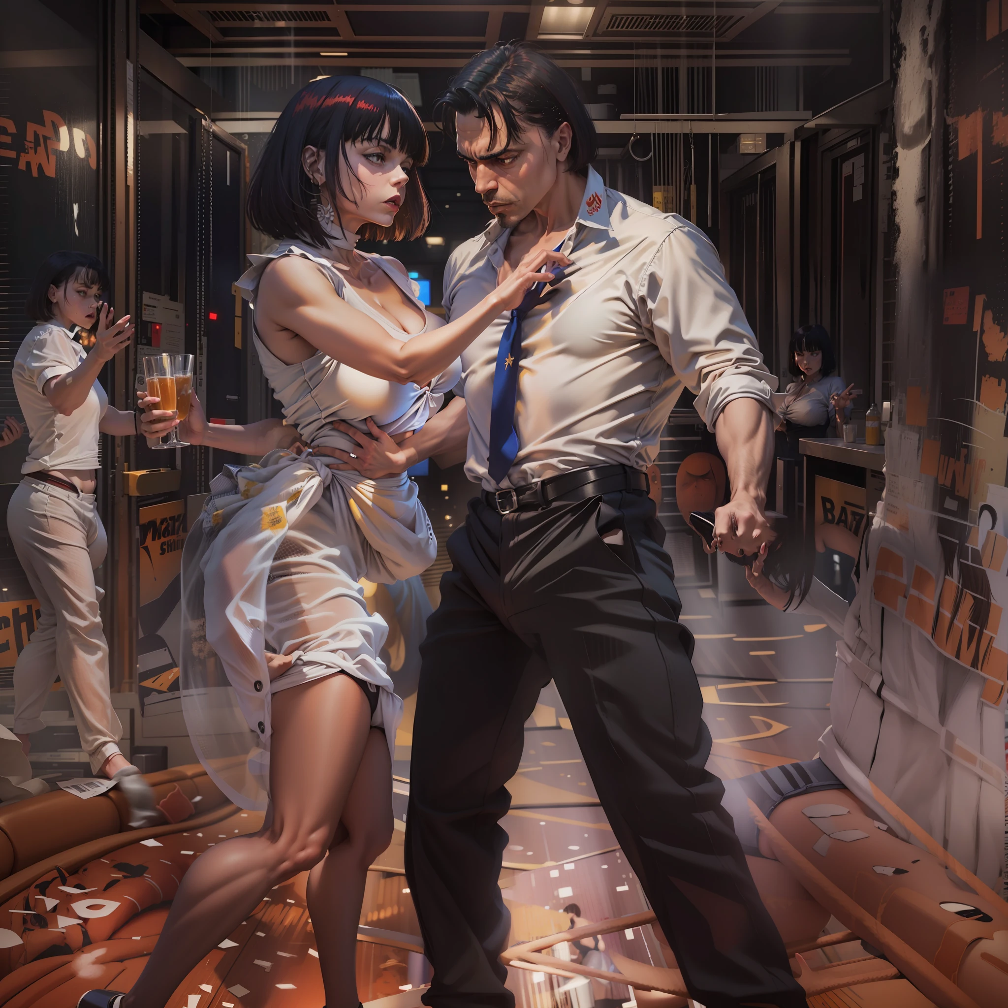 Pulp fiction scene, mia wallace and vincent vega dancing. Obra-prima, mais alta qualidade, alta resolução, seios grandes, magra blusa curtinha, sem sutia, calcinha transparente,  coxas grossas, lascivas,  heavy breathing, sexual expression, pernas abertas