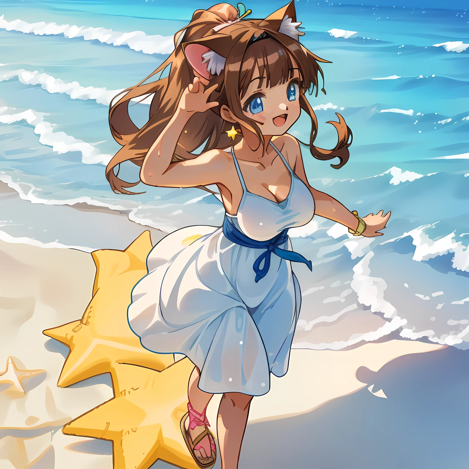 (Highly detailed CG Unity 8k wallpaper), (Best Quality), (Super Detail), (Best Illustration), (Best Shadow), POV, Realistic lighting and shading, Natural light, Lens flare effect, BREAK, 1 beautiful girl, Solo,(Cute:1.5),(Chibi:0.8), (kawaii:1.5),(Lori:0.5), BREAK, ( ( girl), Very detailed, colourfull, highest details, BREAK, (Huge breasts: 1. 2,), Clear skin, Beautiful skin, Shy skin, 1 beautiful girl, Brown hair, (Cat ears, Ponytail, medium-Long hair: 1. 2), (Light blue eyes, long eyelashes, Double eyelids: 1. 2), Solo, gleaming skin, BREAK,(Wet Casual Beachwear:1.2), (lightweight summer one-piece dress:1.2), (a straw fedora hat:1.0), (flipflops:1.0), (star-shaped earring:1.1), (Lace headband:1.0), (Cute Accessories:1.3), (self-satisfied look :D:1.1), (Casual pose, Walking:1.3), (Beach background:1.3), (Holding a large float with both arms:1.1), BREAK,🌇,