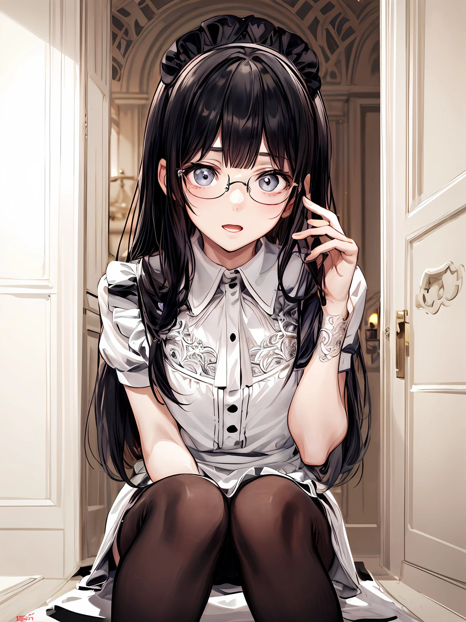 Cross-eyed、Stranger、Look at others、Blunt bangs、Sitting,hand between legs,maid, Glasses, over-kneehighs,Ahegao , Silly,Sexual ecstasy,Drunken eyes,Blunt bangs, Black hair,(masutepiece:1.2, Best Quality), (finely detailed beautiful eye: 1.2), (Detailed background,Dark Fantasy), (beautifull detailed face), High contrast, (Best Illumination, extremely delicate and beautiful), ((Cinematic Light)), Colorful, Hyper Detail, Dramatic light, Intricate details,