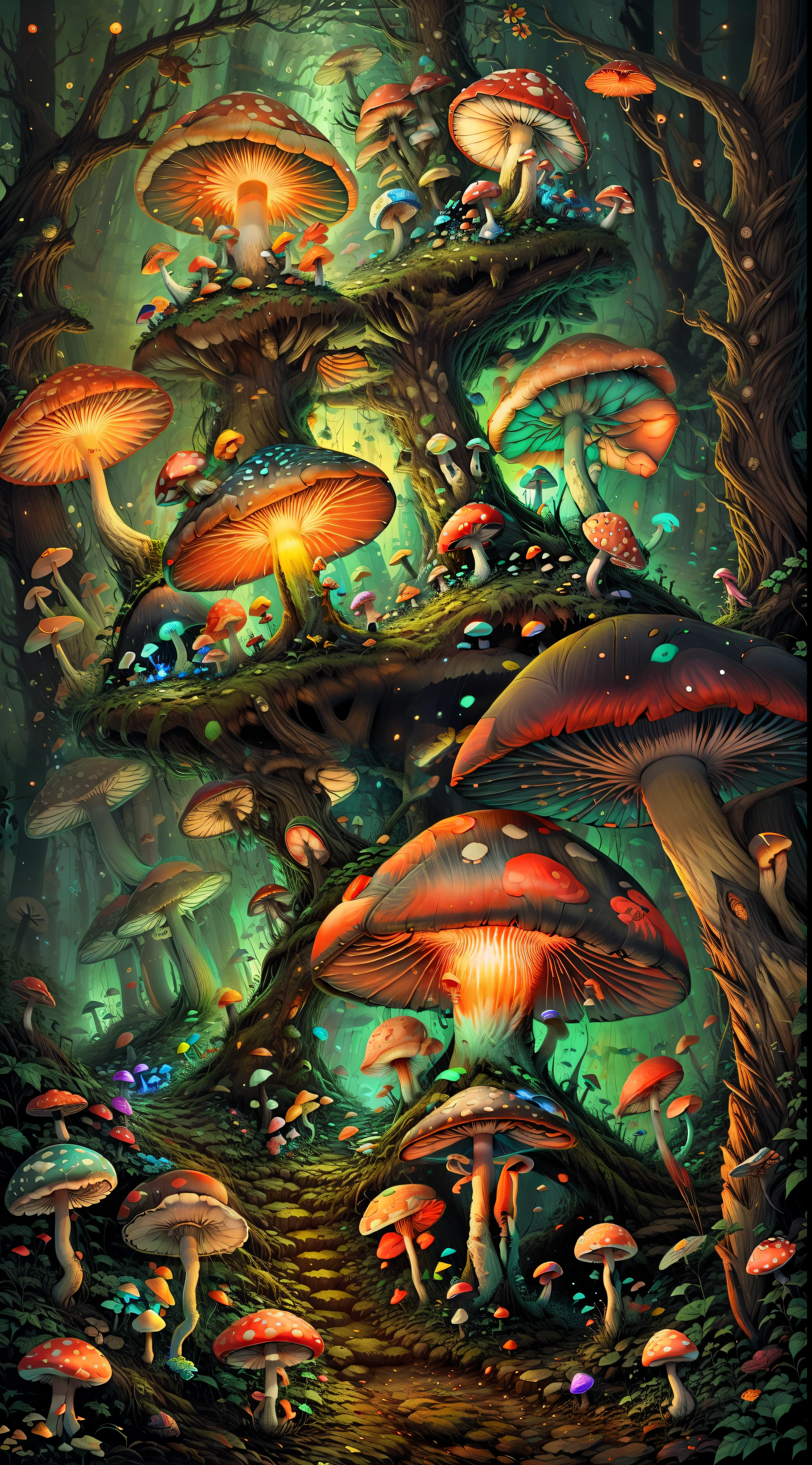 fisheye, 1turtle and many neon mushrooms, fireflies, shroom