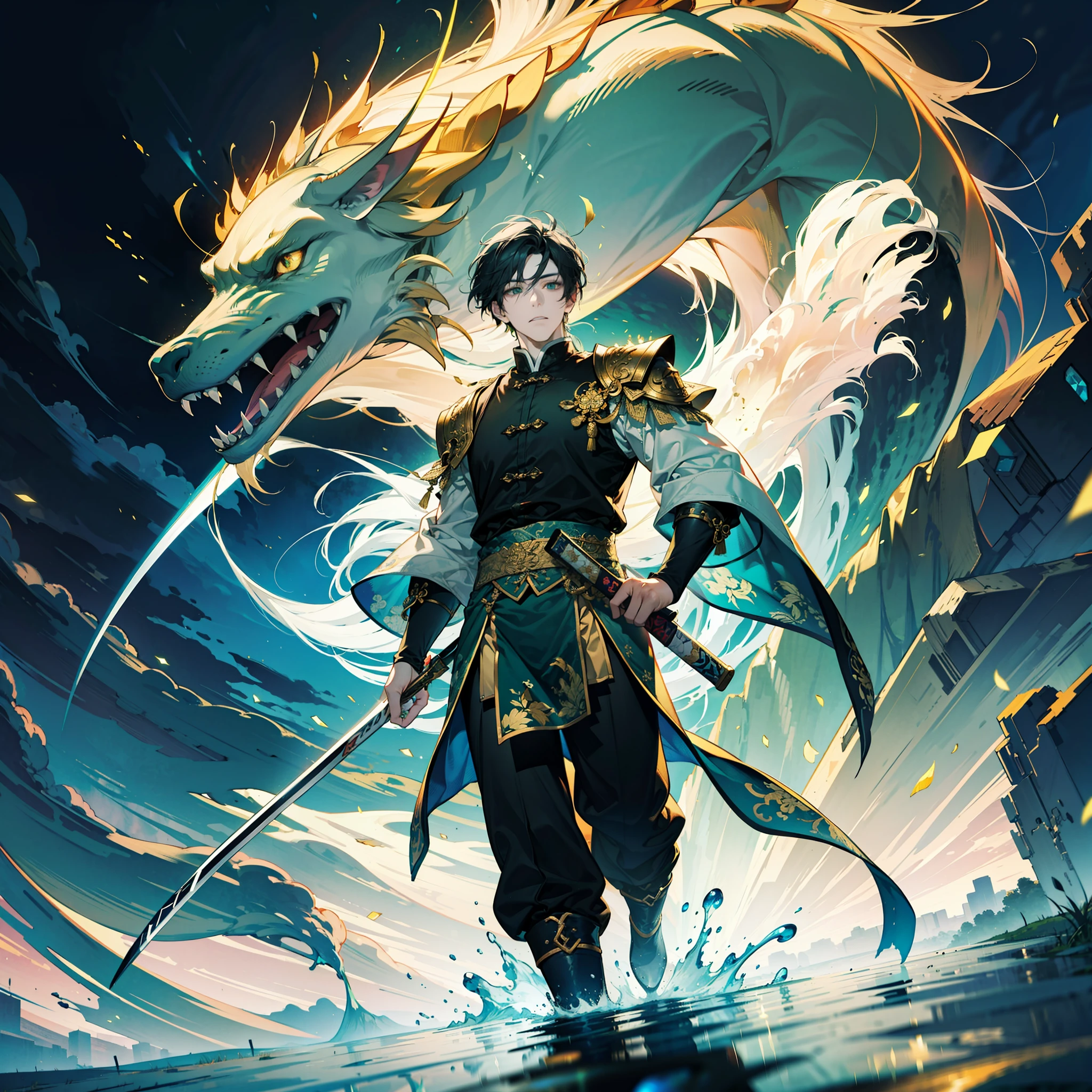 {{{masterpiece}}}, {{{high-quality}}}, {{{8K wallpaper}}},A very handsome man from the East, with exquisite facial features, handsome appearance, beautiful eyes, handsome eyebrows, handsome nose and mouth, fair skin, 8k HD,Oriental style beauty, sword in hand, sword dancing, green and gold clothing, a glowing golden dragon walking behind, realistic and ethereal style, Eastern Zhou Dynasty, the background of the picture is the strong air flow of the picture impact, 8k, fantasy, allegorical, animation style, epic ink mixing lens, shining blue magic light. Abstract image, intense light, Rembrandt lighting, style in fluid color combination, surreal water,