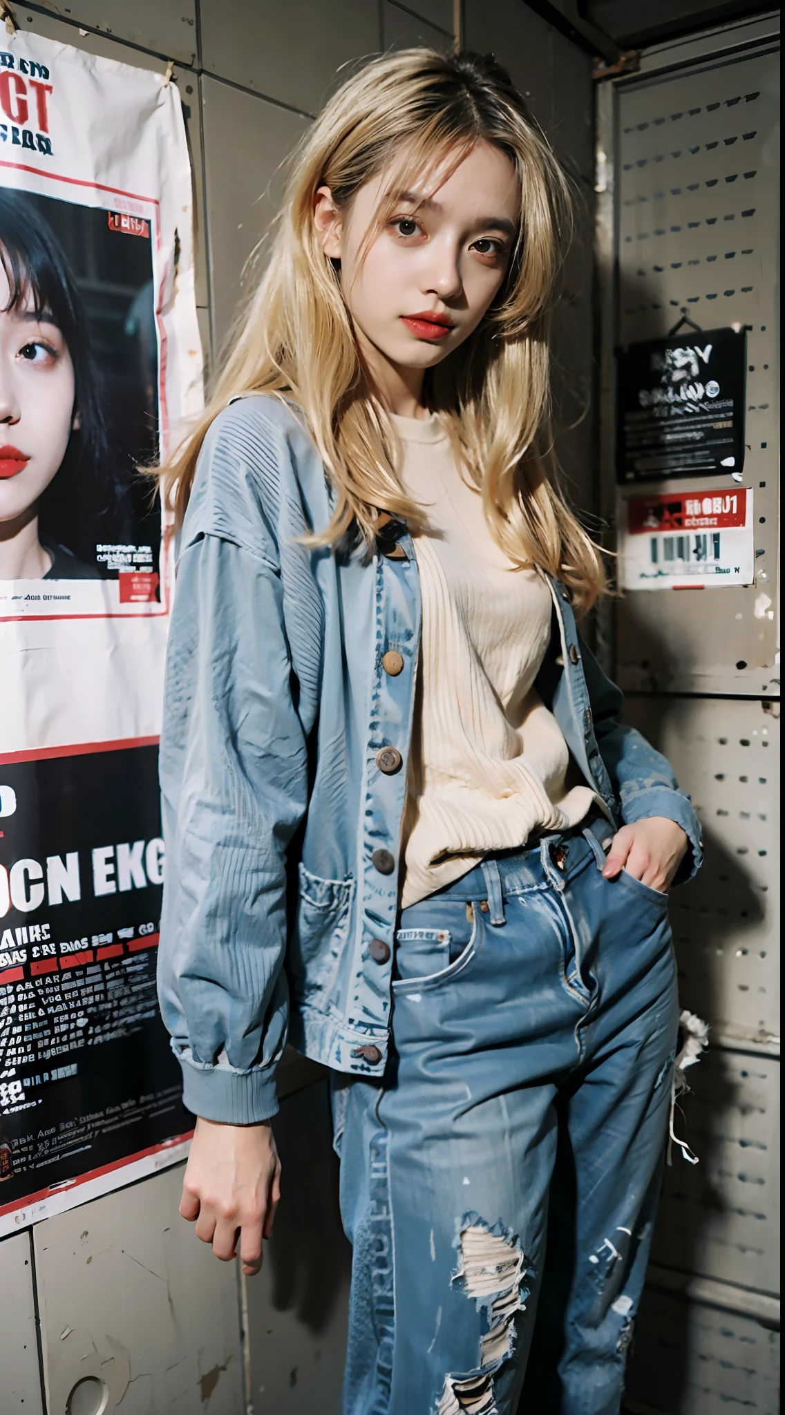 She has long pale yellow hair,Wasteland punk style,Wear a macaron vest and sweatshirt,baggy jeans,Long legs,Black-gray tones,Shabby poster wall with background,tmasterpiece,Need,photorealestic,k hd,photography lighting,16k