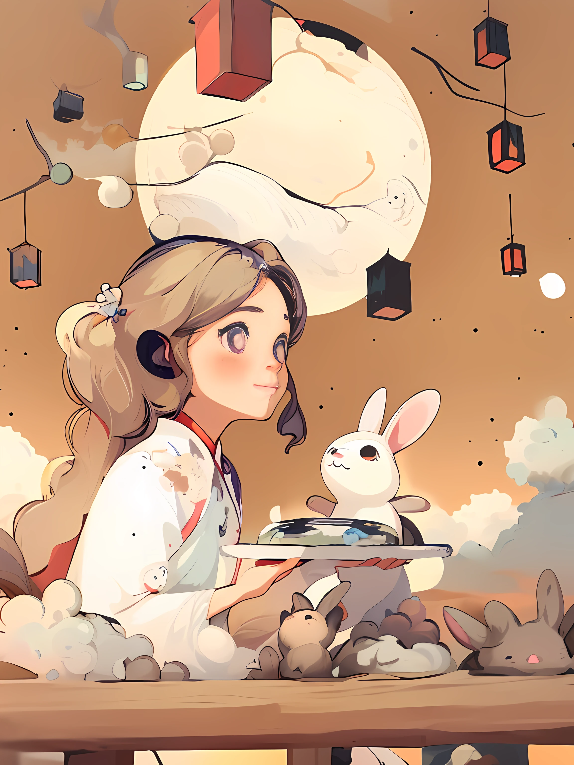 1sticker,a sticker, Nikkaze,(Cute girl),(Gorgeous Hanfu),(gorgeous hair accessory),(Japanese traditional hairstyle),the white rabbit,Clouds,Behind it is a huge round moon,stars, white backgrounid, nothing background, simple backgound, dk, adolable, Small, pastel colour, vectorstyle, no gradien