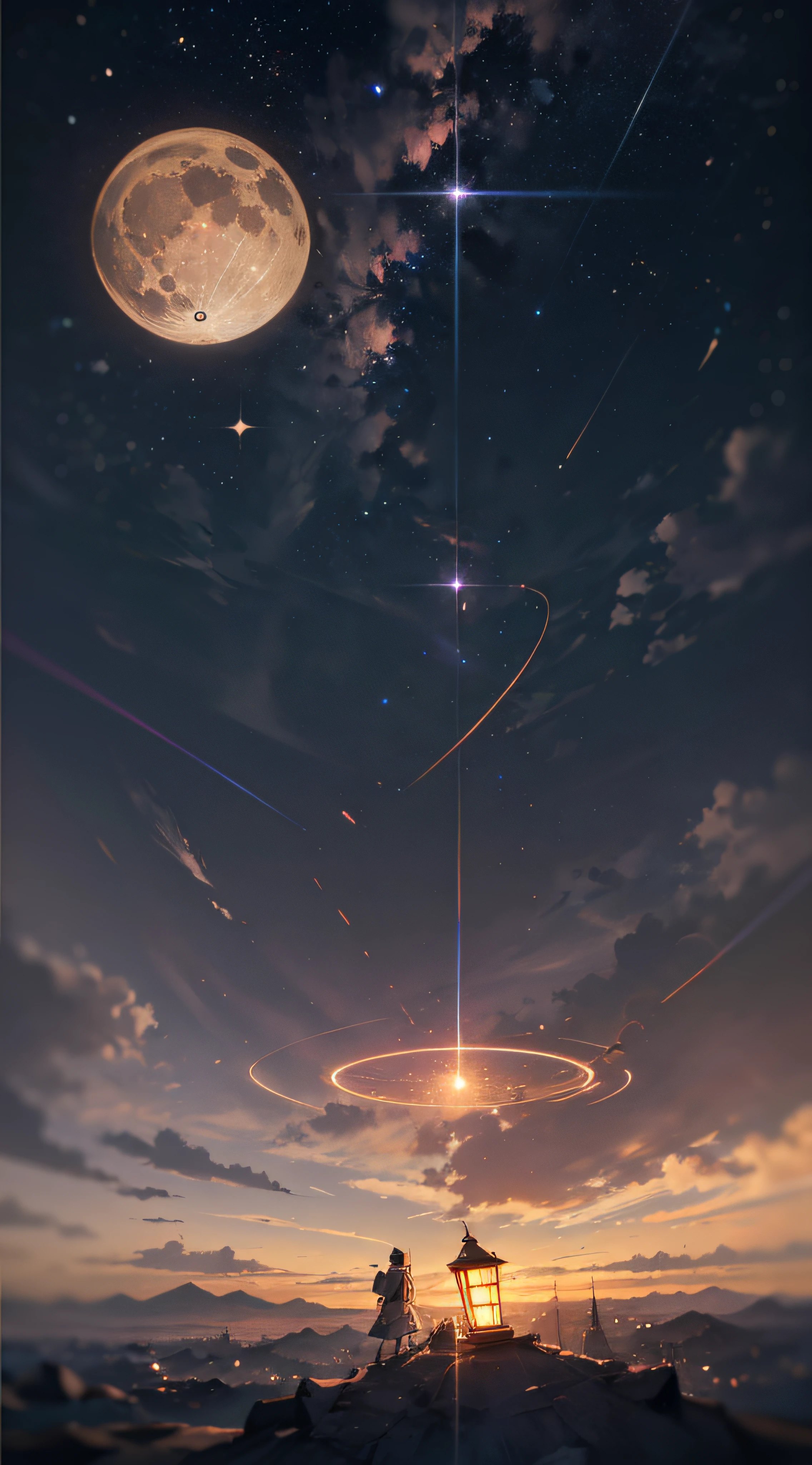 Expansive landscape photograph，（look from down，Above is the sky，Below are open fields），（moon full：1.2），（meteors：0.9），（Starcloud：1.3），Far Mountain, Tree BREAK making art，（Warm light source：1.2），（glowworm：1.2），lamp lights，Lots of purple and orange，Complicated details，Volumetriclighting，Realism BREAK（tmasterpiece：1.2），（best qualtiy），4K，Ultra-detailed，（dynamic compositions：1.4），The is very detailed，Colorful details，（Irridescent color：1.2），（luminouslighting，Atmospheric lighting），dream magical，magical，（独奏：1.2），（（best qualtiy））， （（tmasterpiece））， （the detail：1.4），depth of fields，maximum definition and sharpness，perfectly proportions，Fluttering clouds，Wallpapers