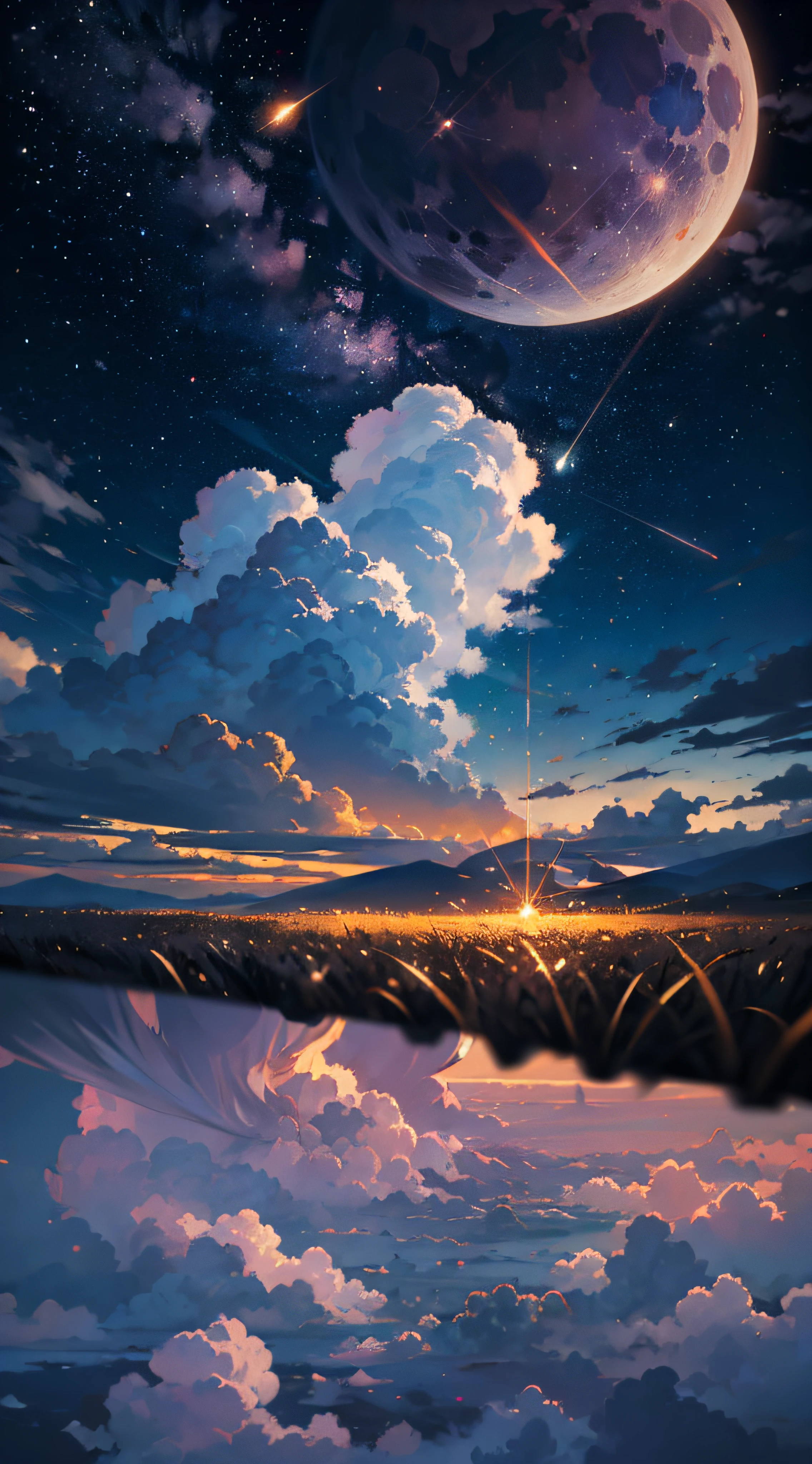 Expansive landscape photograph，（look from down，Above is the sky，Below are open fields），（moon full：1.2），（meteors：0.9），（Starcloud：1.3），Far Mountain, Tree BREAK making art，（Warm light source：1.2），（glowworm：1.2），lamp lights，Lots of purple and orange，Complicated details，Volumetriclighting，Realism BREAK（tmasterpiece：1.2），（best qualtiy），4K，Ultra-detailed，（dynamic compositions：1.4），The is very detailed，Colorful details，（Irridescent color：1.2），（luminouslighting，Atmospheric lighting），dream magical，magical，（独奏：1.2），（（best qualtiy））， （（tmasterpiece））， （the detail：1.4），depth of fields，maximum definition and sharpness，perfectly proportions，Fluttering clouds，Wallpapers