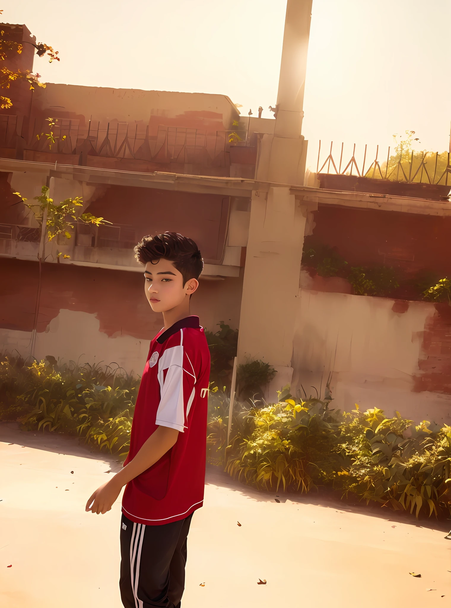 boy in white and red shirt standing on a skateboard in a courtyard, wearing a school soccer uniform, 1 6 years old, low quality photo, real ungine, 18 years old, in profile, 2 3 years old, maroon and white, around 1 9 years old, profile shot, tommy 1 6 years old, mohamed chahin style, very very low quality picture