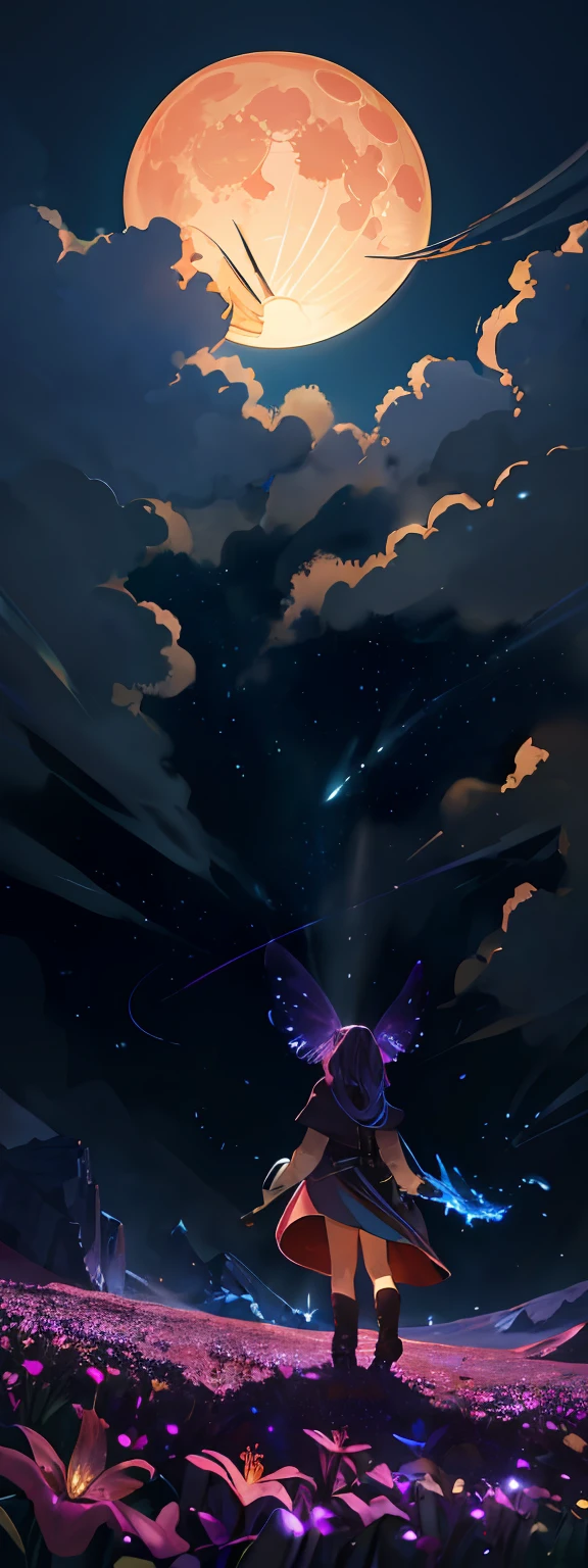 expansive landscape photograph , (a view from below that shows sky above and open field below), a girl standing on flower field looking up, (full moon:1.2), ( shooting stars:0.9), (nebula:1.3), distant mountain, tree BREAK
production art, (warm light source:1.2), (Firefly:1.2), lamp, lot of purple and orange, intricate details, volumetric lighting, realism BREAK
(masterpiece:1.2), (best quality), 4k, ultra-detailed, (dynamic composition:1.4), highly detailed, colorful details,( iridescent colors:1.2), (glowing lighting, atmospheric lighting), dreamy, magical, (solo:1.2)
