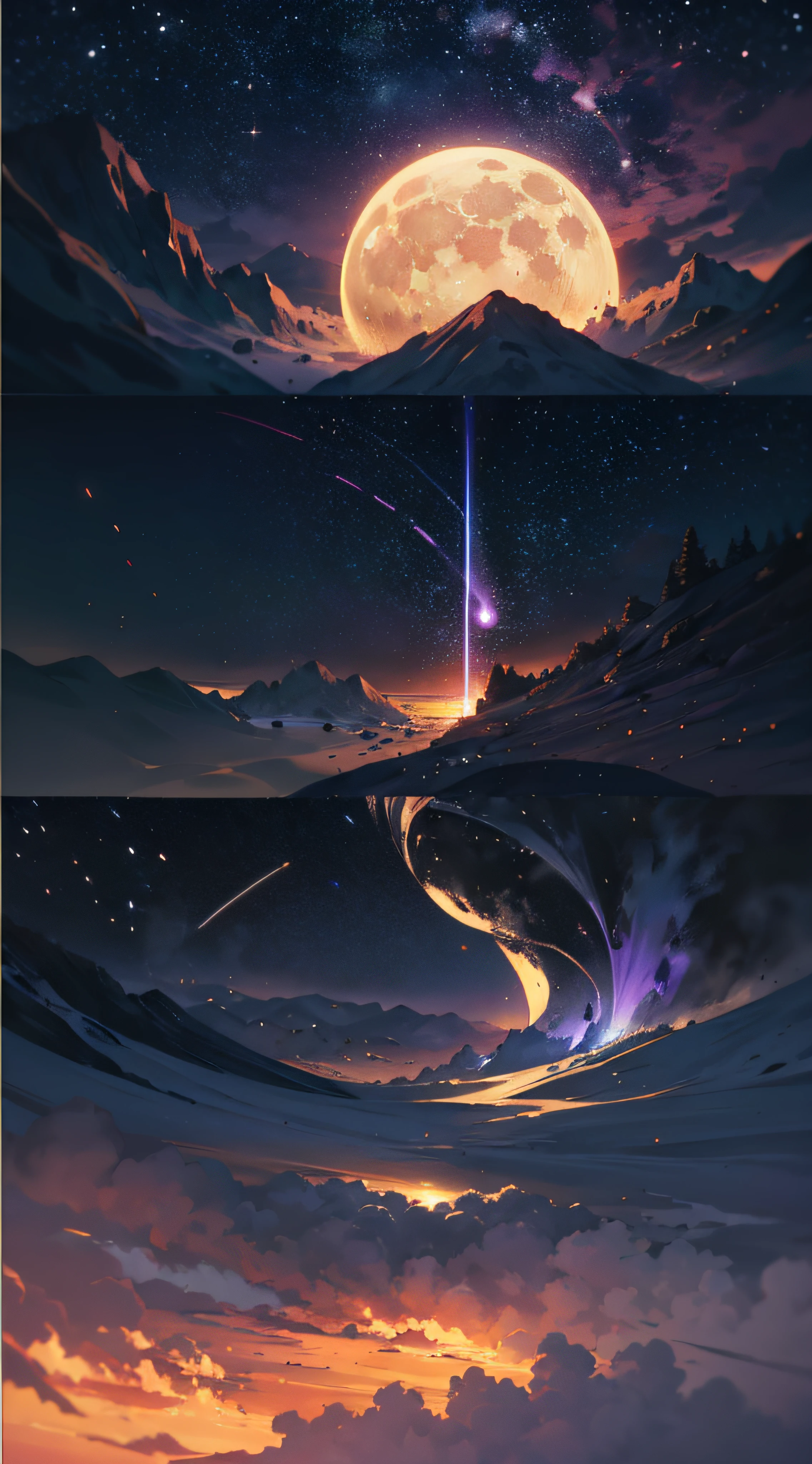 Expansive landscape photograph，（look from down，Above is the sky，Below are open fields），（moon full：1.2），（meteors：0.9），（Starcloud：1.3），Far Mountain, Tree BREAK making art，（Warm light source：1.2），（glowworm：1.2），lamp lights，Lots of purple and orange，Complicated details，Volumetriclighting，Realism BREAK（tmasterpiece：1.2），（best qualtiy），4K，Ultra-detailed，（dynamic compositions：1.4），The is very detailed，Colorful details，（Irridescent color：1.2），（luminouslighting，Atmospheric lighting），dream magical，magical，（独奏：1.2），（（best qualtiy））， （（tmasterpiece））， （the detail：1.4），depth of fields，maximum definition and sharpness，perfectly proportions，Fluttering clouds，Wallpapers