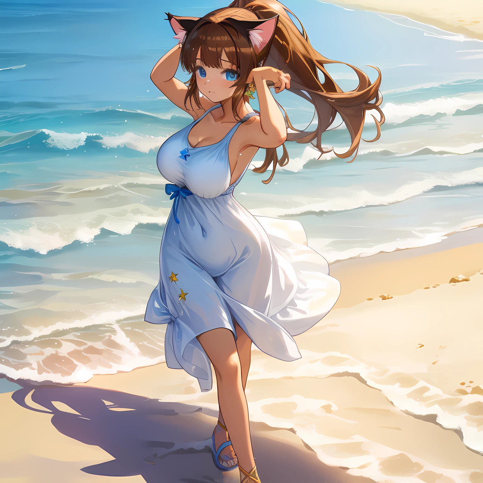 (Highly detailed CG Unity 8k wallpaper), (Best Quality), (Super Detail), (Best Illustration), (Best Shadow), POV, Realistic lighting and shading, Natural light, Lens flare effect, BREAK, 1 beautiful girl, Solo,(Cute:1.5),(Chibi:0.8), (kawaii:1.5),(Lori:0.5), BREAK, ( (17 years old girl), Very detailed, colourfull, highest details, BREAK, (Huge breasts: 1. 2,), Clear skin, Beautiful skin, Shy skin, 1 beautiful girl, Brown hair, (Cat ears, Ponytail, medium-Long hair: 1. 2), (Light blue eyes, long eyelashes, Double eyelids: 1. 2), Solo, gleaming skin, BREAK,(Wet Casual Beachwear:1.2), (lightweight summer one-piece dress:1.2), (a straw fedora hat:1.0), (flipflops:1.0), (star-shaped earring:1.1), (Lace headband:1.0), (Cute Accessories:1.3), (Fingers stuck in crabs,Pained face:1.1), (Casual pose, Walking:1.3), (Beach background:1.3), (Holding a large float with both arms:1.1), BREAK,🌇,