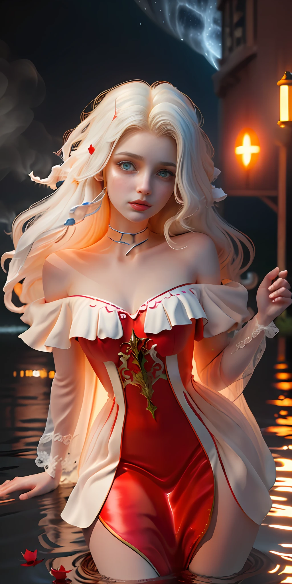 Close-up, (beautiful girl), garlic, flower, (beautiful girl), delicate facial features, detailed portrayal of the corners of the eyes, bust photo, moist lips, sad eyes, long white hair, smooth and delicate skin, ((red clothes)), red long skirt, open thighs, brilliant and colorful, fantasy art, mysticism, dream scenes, dreams, dream lights, temptation, psychedelic, misty halo, (((night))), ((night)), river bank, full of flowers on the other side, dreamy, flying red tiny petals, Red fluorescent petals, fluorescent flowers, fluorescent flowing water, standing in water, shallow water, master works, extreme detail, dissection correctly, correct limbs, accurate, hud, HD, exquisite details, 8K, red light