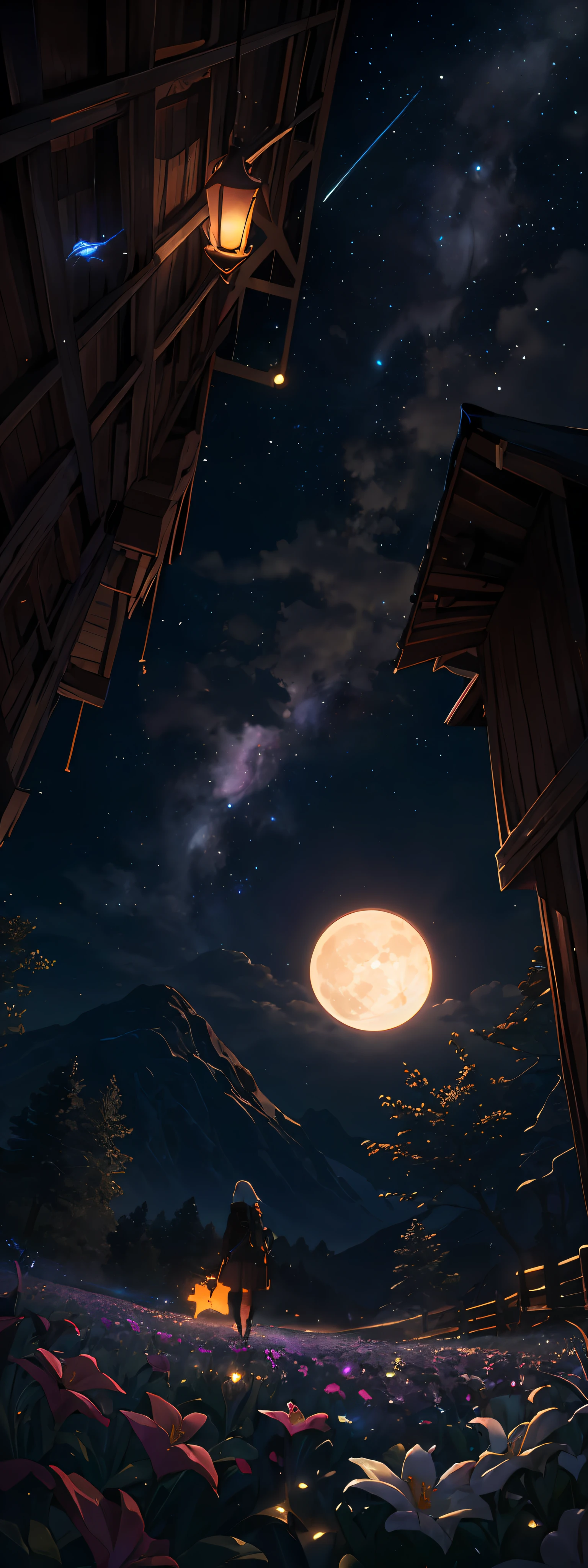 expansive landscape photograph , (a view from below that shows sky above and open field below), a girl standing on flower field looking up, (full moon:1.2), ( shooting stars:0.9), (nebula:1.3), distant mountain, tree BREAK
production art, (warm light source:1.2), (Firefly:1.2), lamp, lot of purple and orange, intricate details, volumetric lighting, realism BREAK
(masterpiece:1.2), (best quality), 4k, ultra-detailed, (dynamic composition:1.4), highly detailed, colorful details,( iridescent colors:1.2), (glowing lighting, atmospheric lighting), dreamy, magical, (solo:1.2)