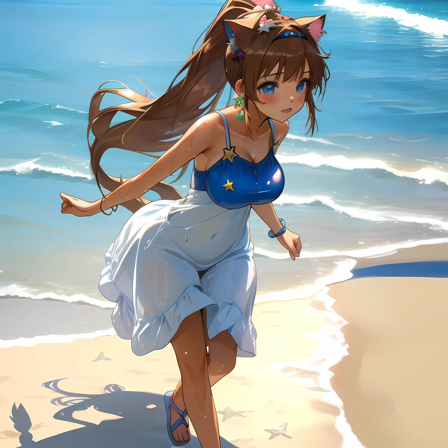 (Highly detailed CG Unity 8k wallpaper), (Best Quality), (Super Detail), (Best Illustration), (Best Shadow), POV, Realistic lighting and shading, Natural light, Lens flare effect, BREAK, 1 beautiful girl, Solo,(Cute:1.5),(Chibi:0.8), (kawaii:1.5),(Lori:0.5), BREAK, ( (17 years old girl), Very detailed, colourfull, highest details, BREAK, (Huge breasts: 1. 2,), Clear skin, Beautiful skin, Shy skin, 1 beautiful girl, Brown hair, (Cat ears, Ponytail, medium-Long hair: 1. 2), (Light blue eyes, long eyelashes, Double eyelids: 1. 2), Solo, gleaming skin, BREAK,(Wet Casual Beachwear:1.2), (lightweight summer one-piece dress:1.2), (a straw fedora hat:1.0), (flipflops:1.0), (star-shaped earring:1.1), (Lace headband:1.0), (Cute Accessories:1.3), (Fingers stuck in crabs,Pained face:1.1), (Casual pose, Walking:1.3), (Beach background:1.3), (Holding a large float with both arms:1.1), BREAK,🌇,