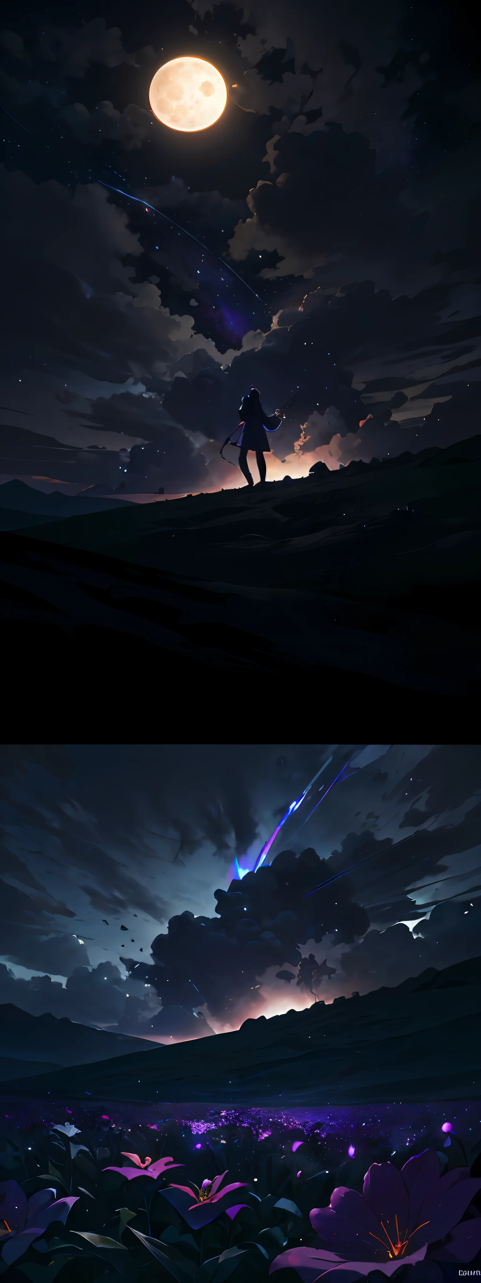 expansive landscape photograph , (a view from below that shows sky above and open field below), a girl standing on flower field looking up, (full moon:1.2), ( shooting stars:0.9), (nebula:1.3), distant mountain, tree BREAK
production art, (warm light source:1.2), (Firefly:1.2), lamp, lot of purple and orange, intricate details, volumetric lighting, realism BREAK
(masterpiece:1.2), (best quality), 4k, ultra-detailed, (dynamic composition:1.4), highly detailed, colorful details,( iridescent colors:1.2), (glowing lighting, atmospheric lighting), dreamy, magical, (solo:1.2)