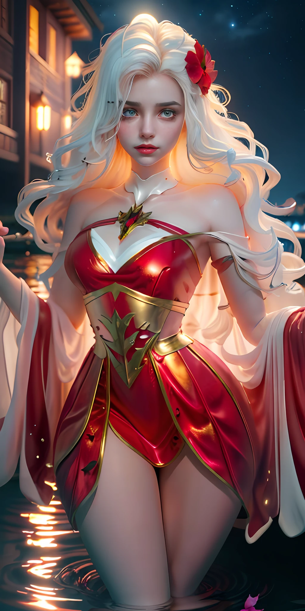 Close-up, (beautiful girl), garlic, flower, (beautiful girl), delicate facial features, detailed portrayal of the corners of the eyes, bust photo, moist lips, sad eyes, long white hair, smooth and delicate skin, ((red clothes)), red long skirt, open thighs, brilliant and colorful, fantasy art, mysticism, dream scenes, dreams, dream lights, temptation, psychedelic, misty halo, (((night))), ((night)), river bank, full of flowers on the other side, dreamy, flying red tiny petals, Red fluorescent petals, fluorescent flowers, fluorescent flowing water, standing in water, shallow water, master works, extreme detail, dissection correctly, correct limbs, accurate, hud, HD, exquisite details, 8K, red light