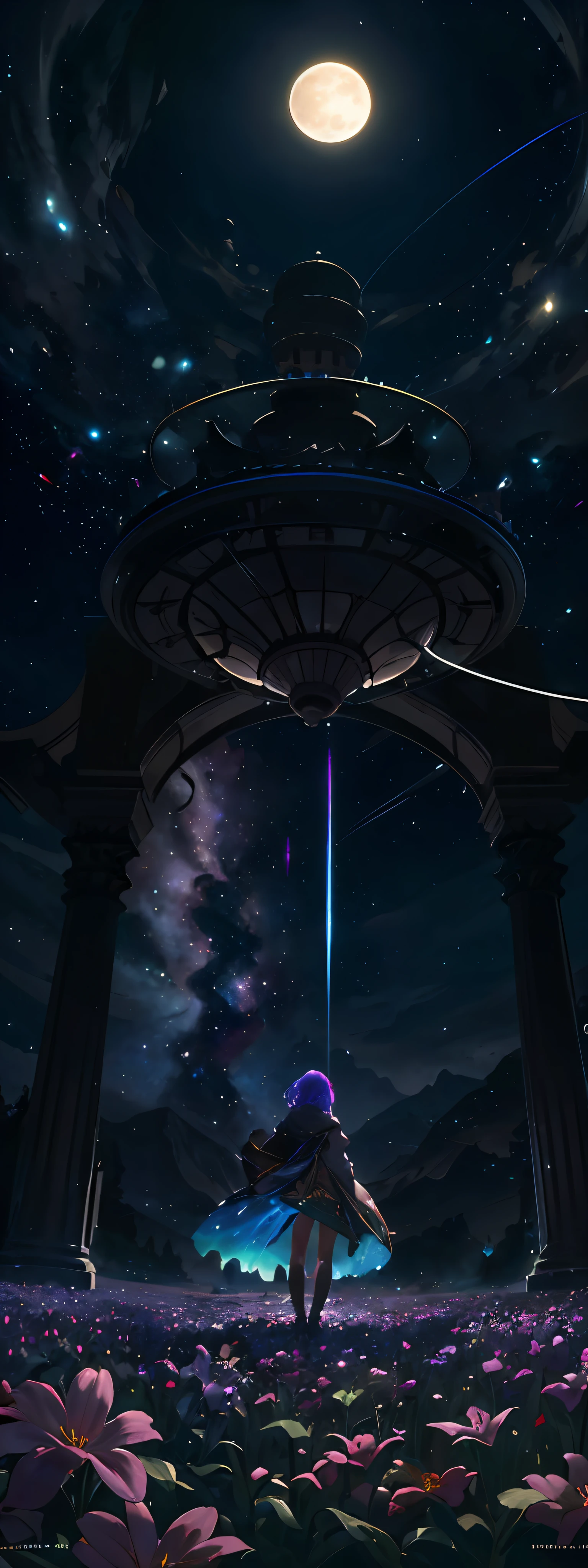 expansive landscape photograph , (a view from below that shows sky above and open field below), a girl standing on flower field looking up, (full moon:1.2), ( shooting stars:0.9), (nebula:1.3), distant mountain, tree BREAK
production art, (warm light source:1.2), (Firefly:1.2), lamp, lot of purple and orange, intricate details, volumetric lighting, realism BREAK
(masterpiece:1.2), (best quality), 4k, ultra-detailed, (dynamic composition:1.4), highly detailed, colorful details,( iridescent colors:1.2), (glowing lighting, atmospheric lighting), dreamy, magical, (solo:1.2)