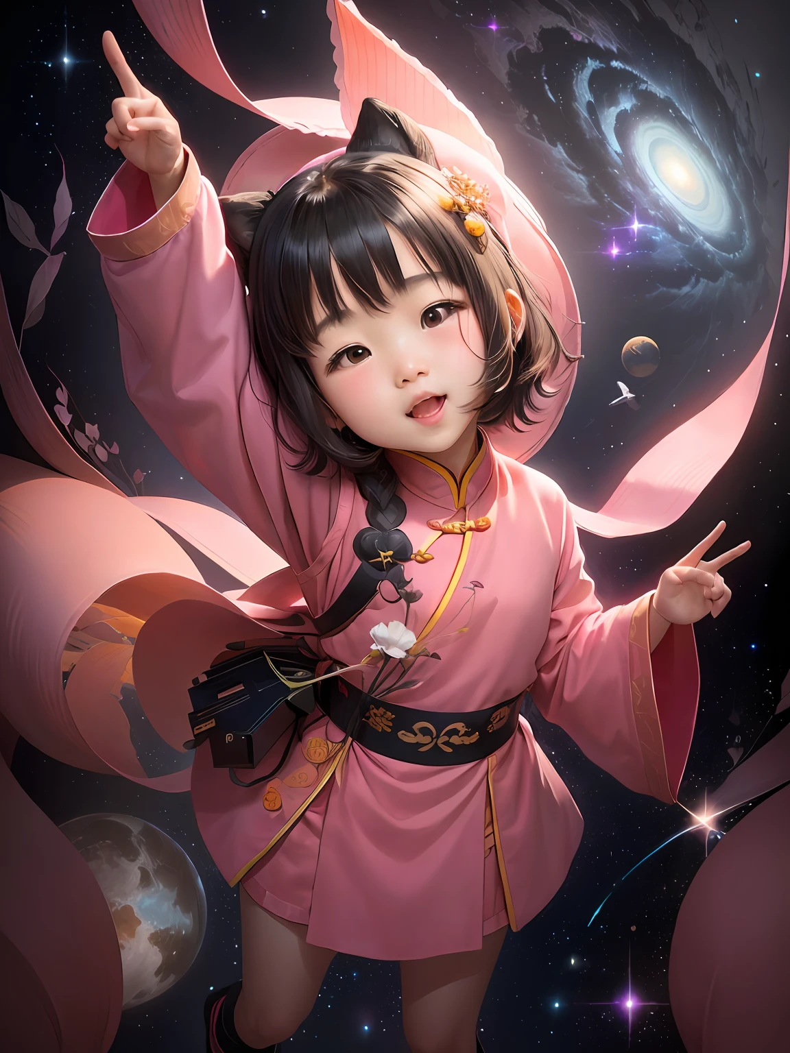 Chinese girl in pink sweater,The index finger of the right hand points to the sky, 2 years jia beautiful!, inspired by Li Keran, Inspired by Tang Yifen, from china, Very cute and childlike, inspired by Zhang Zeduan, she expressing joy, Young Asian girl, Lin Qifeng, 4 year old, lulu fi background,The vast universe