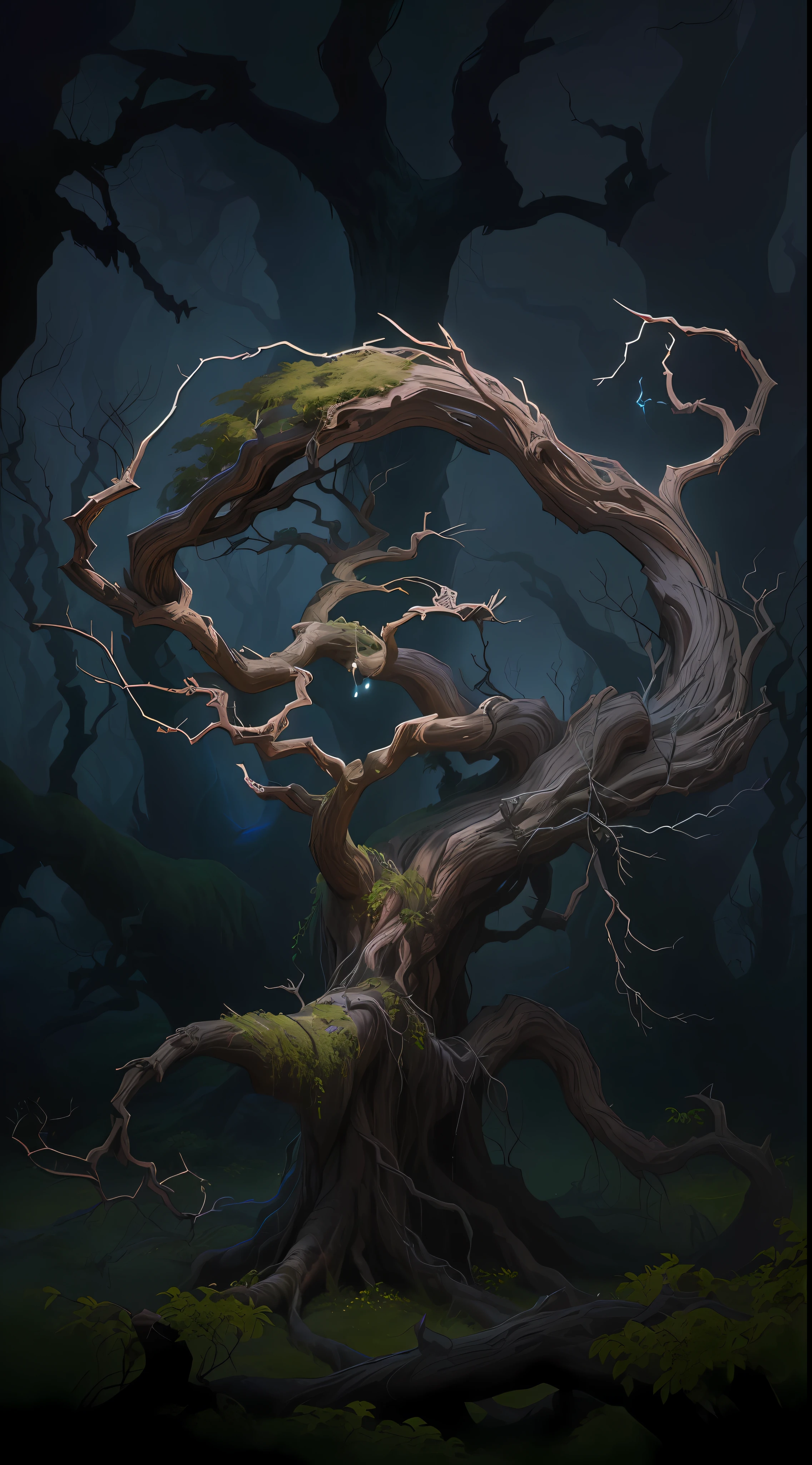 There is a tree,There is a strange shape in the middle, thorn background. D&D, Evil Tree Wizard, Treente, rough, concept art of a dark forest, treant, Twisted trees, Twisted withered vines, but, an old twisted tree, Twisted trunk, lianas, lightening tree