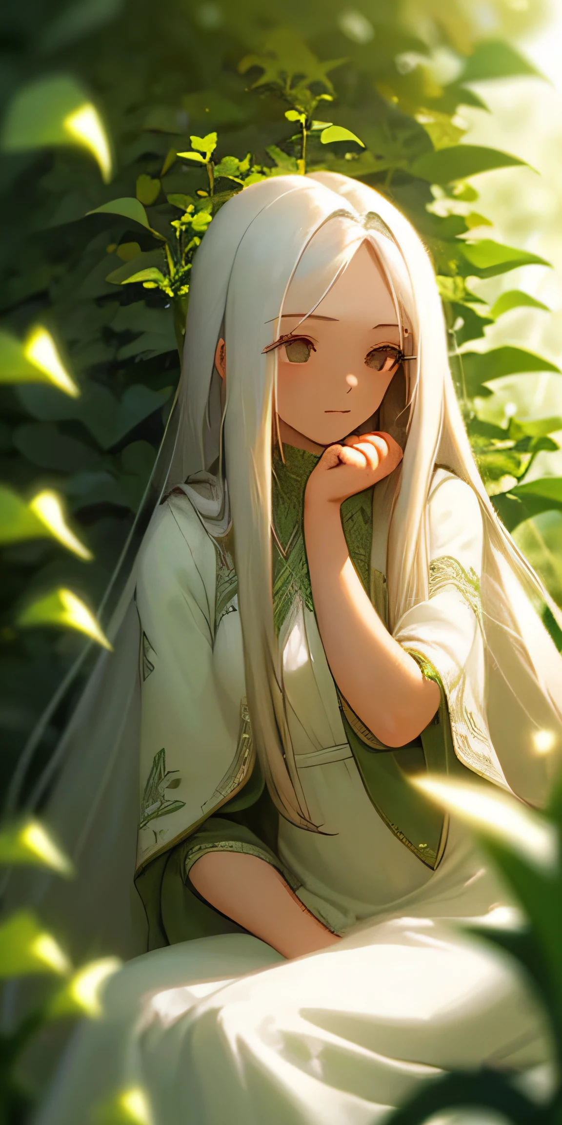 (masterpiece, best quality),1girl with long white hair sitting in a field of green plants and flowers, her hand under her chin, warm lighting, white dress, blurry foreground