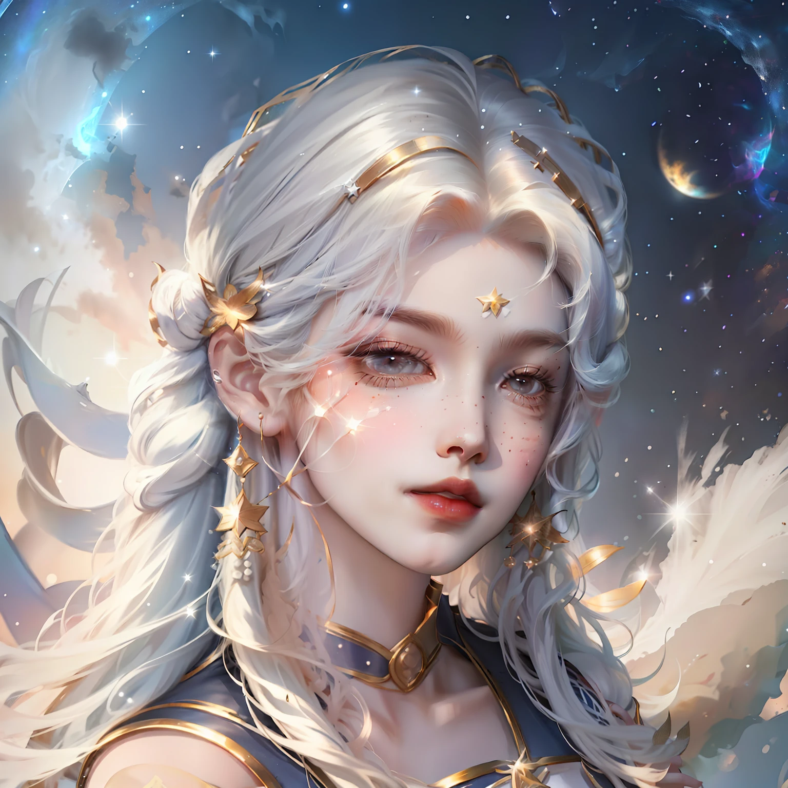 aries constellation，female pervert，white color hair，Riding on Aries，background starry sky，The stars shine