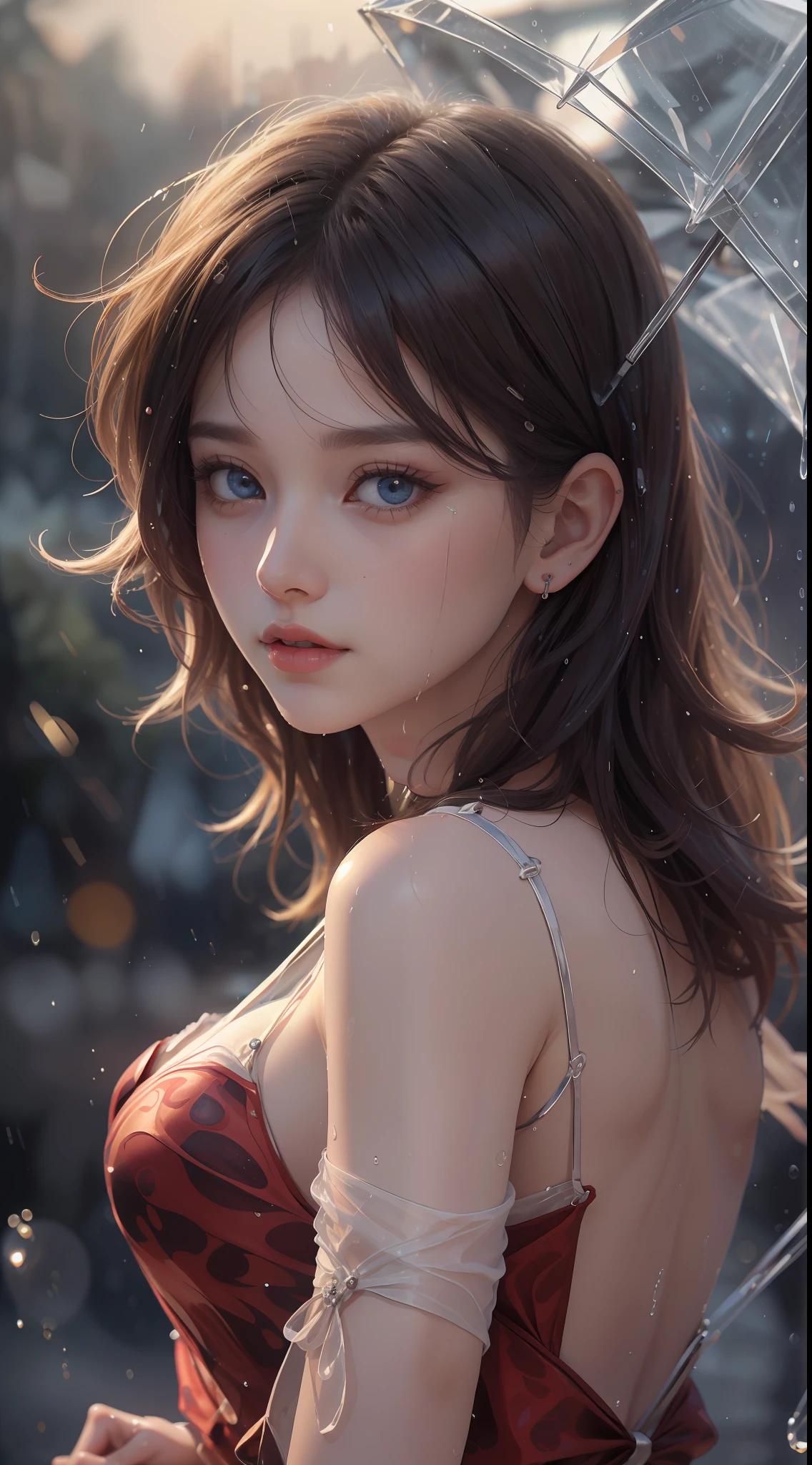 8K ultra hd, masterpiece, ultra quality, a cute girl, cute face, detailed eyes, detailed lip, medium breathe, dress, shining red dress, beautiful dress, rain effect, wet, evening time, dim light, upper body capture, whole body capture,