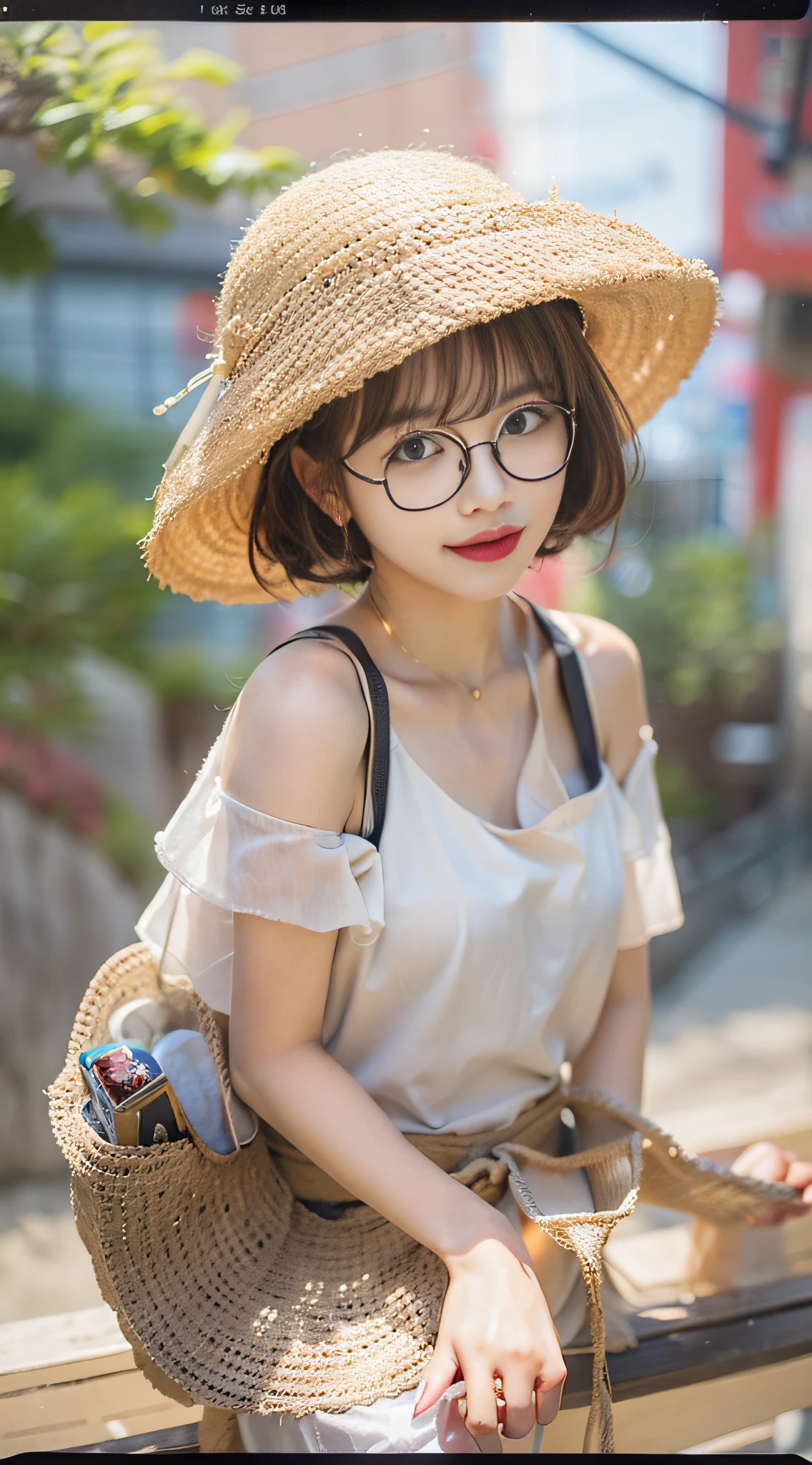 Japan woman wearing glasses、High-quality photos、full bodyesbian、japanes、femele、Wearing a straw hat、eye glasses、Glasses Girls、realisitic、Shorthair