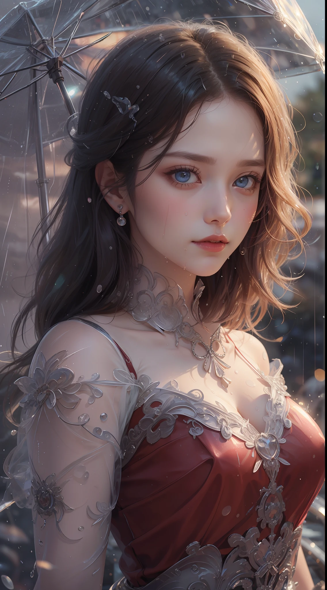 8K ultra hd, masterpiece, ultra quality, a cute girl, cute face, detailed eyes, detailed lip, medium breathe, dress, shining red dress, beautiful dress, rain effect, wet, evening time, dim light, upper body capture, whole body capture,