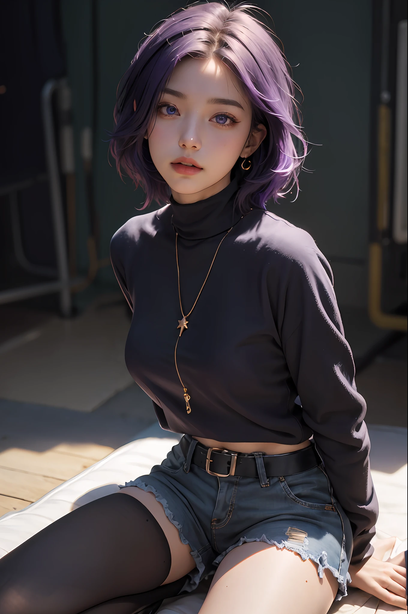 (Photorealistic:1.4), RAW photo, 1girll, Purple eyes, Purple hair, stellaron hunters outfit, Shorts, Pantyhose, Boots,deepshadow, Detailed face, Detailed eyes, Depth of field, Bokeh, vibrant detail, finely detailed, Hyperrealistic, 35mm film, Hazy and blurry,Upper body,, Masterpiece,Ultra photo realsisim,32K,Extremely detailed Cg Unity 8K wallpaper, Best quality