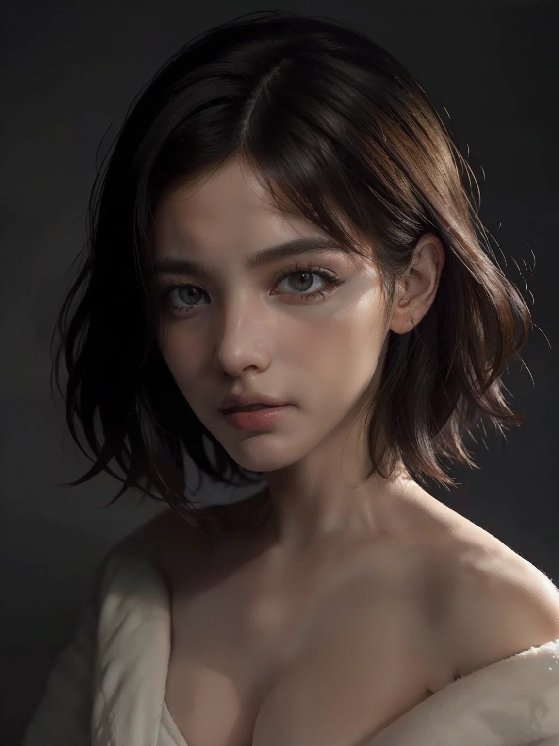 Best quality, masterpiece, ultra high res, (photorealistic:1.5), raw photo, 1girl, offshoulder, in the dark, deep shadow, low key, cold light, sexy look, short hair