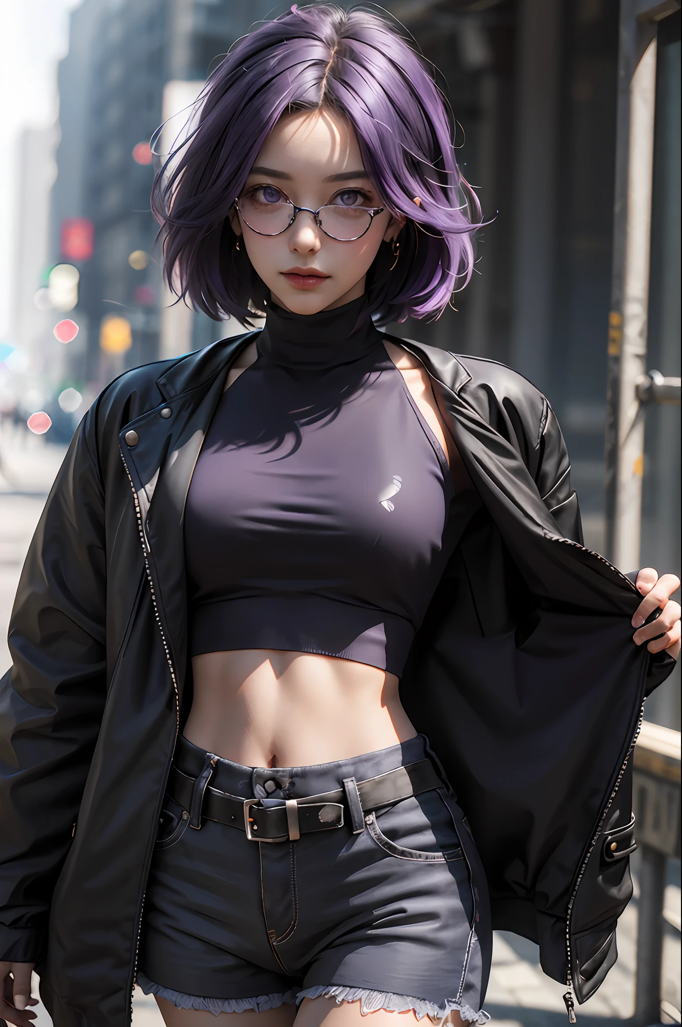 (Photorealistic:1.4), RAW photo, 1girll, Purple eyes, Purple hair, (eyewear on head), stellaron hunters outfit, Black jacket, jacket on shoulders, shirt, Shorts, Pantyhose, Boots,deepshadow, Detailed face, Detailed eyes, Depth of field, Bokeh, vibrant detail, finely detailed, Hyperrealistic, 35mm film, Hazy and blurry,Upper body,, Masterpiece,Ultra photo realsisim,32K,Extremely detailed Cg Unity 8K wallpaper, Best quality
