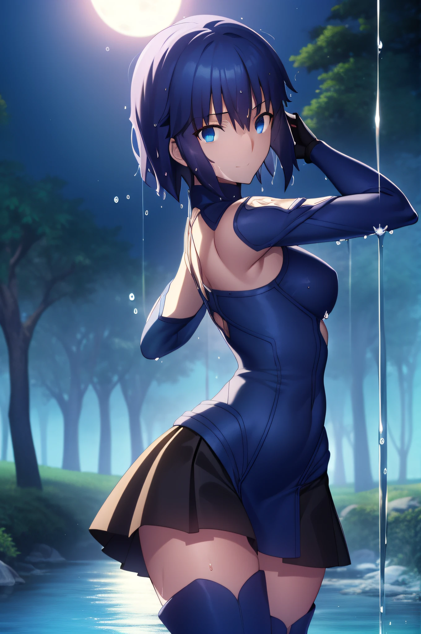 {{beautiful}}, amazing, (best quality:1.5), (masterpiece:1.5), extremely delicate and beautiful, intricate details, finely detailed, extremely detailed, beautifully detailed, ultra-detailed, (hyperdetailed:1.5), high resolution, (illustration), watercolor pencil, Clear line drawing, (ufotable style:1.1), (ufotable screen cap:1.1), anime coloring, anime screencap, (latest picture), backlighting, dynamic angle, glow, depth of field, {{body satisfaction}}, (body with a good balance of style:1.5), (slender figure:1.5), perfect body, perfect hands, perfect feet, (two arms:1.2), (two legs:1.2), (five fingers each:1.2), (perfect joint:1.2), perfect joint movement, beautiful detailed eyes, (detailed eyes:1.5), finely detailed eyes, perfect anatomy, full dissection, perfect composition, correct limbs, balance and coordination in all things, realistic:0.5, precise fingers and hands, (finely drawn hair:1.5), {{tsukihimeciel}}, short hair, blue hair, medium breasts, small-sized buttocks, {{{sleeveless dress}}}, black gloves, blue footwear, high heel thigh boots, thighs, blue gloves, bare arms, turtleneck, black pleated miniskirt, {{lake}}, (water splashes:1.5), (forest:1.2), (night:1.2), (full moon:1.2), {{1girl}}, (solo:1.2), looking at the viewer, smile, {{standing}},