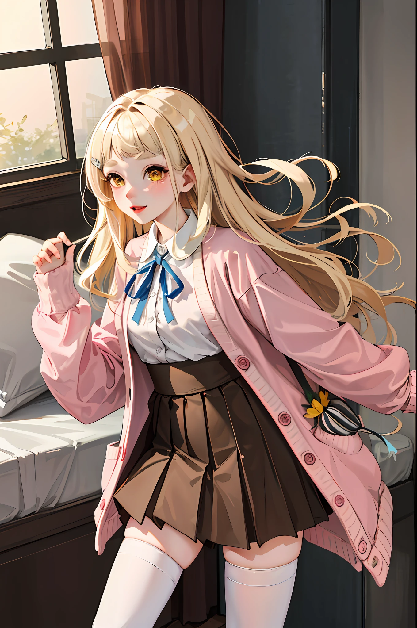 Masterpiece, Best quality, A high resolution, 1girll, Virtual YouTuber, Skirt, Solo, Long hair, Bedrooms，onbed，upper legs, shirt, Blonde hair, Brown skirt, White shirt, ribbon, Neck ribbon, white thighhighs, sleeves past wrists, Collared shirt, Thick eyebrows, hair adornments, Long sleeves, Very long hair, Blue ribbon, Open clothes, bangs, Cardigan, Pink cardigan, Jacket, Yellow eyes, Pleated skirt, shirt tucked in, Wavy hair, high waisted skirt, Pink jacket, Open cardigan, standing, Cowboy shot,