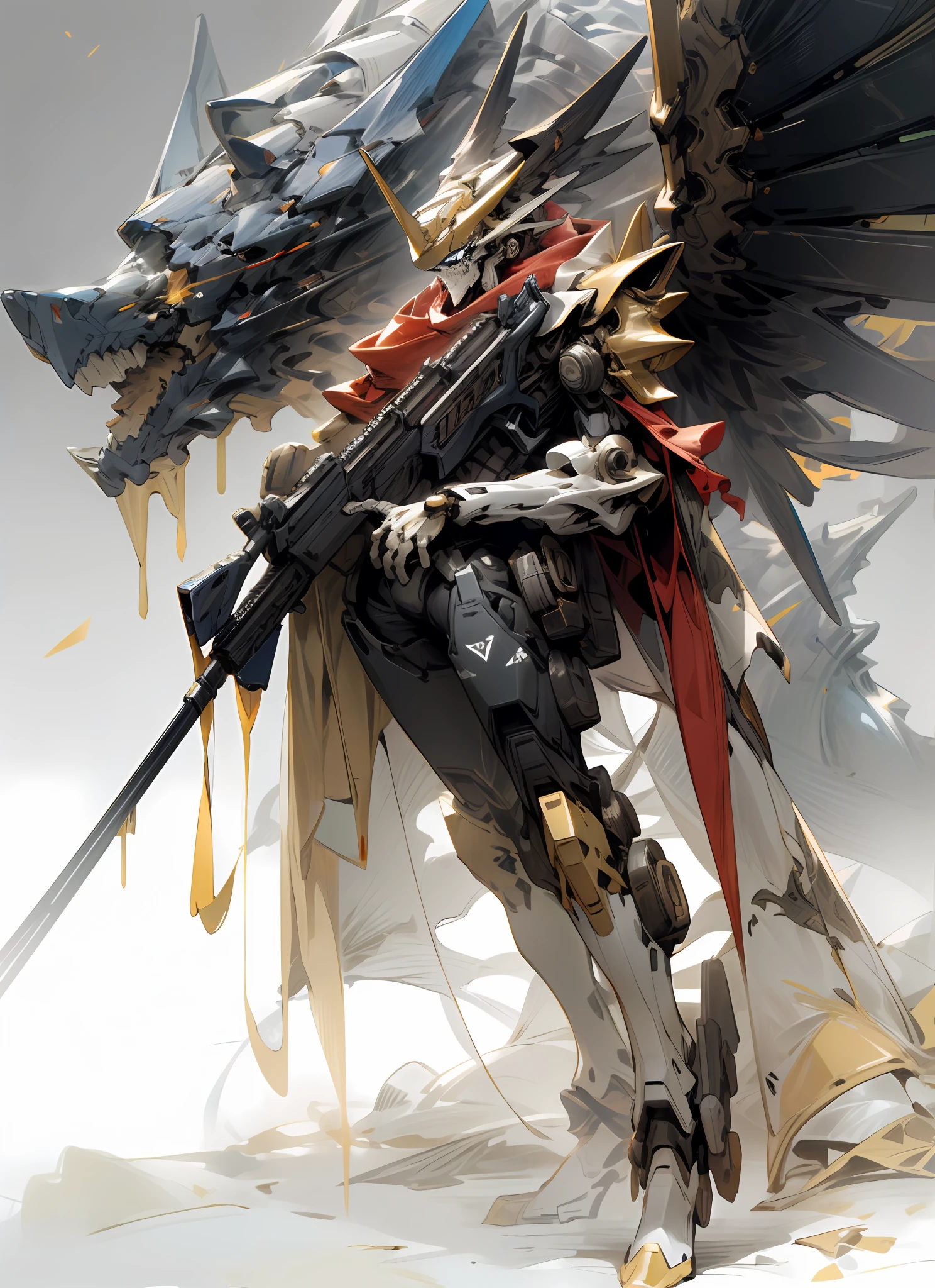 Tall mech,armour,droid,(Golden),cyber punk style,Mechs are covered with a dragon-shaped pattern,The body is huge,skelleton,Raven sniper rifle(Complex structure),Super detailed details,ruin background,full body shot shot,8K,ultra-clear,hyper HD,Ultra photo realsisim,Hyper Real