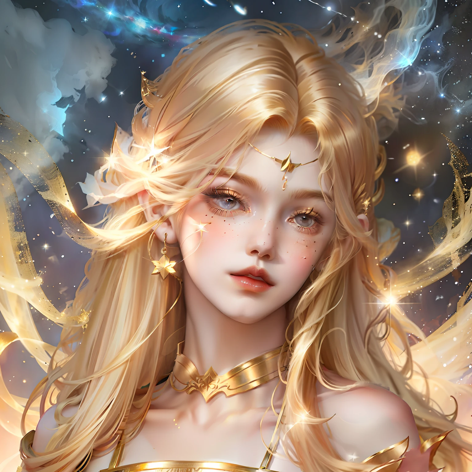 golden taurus,Blonde haired girl,background starry sky,The stars twinkle