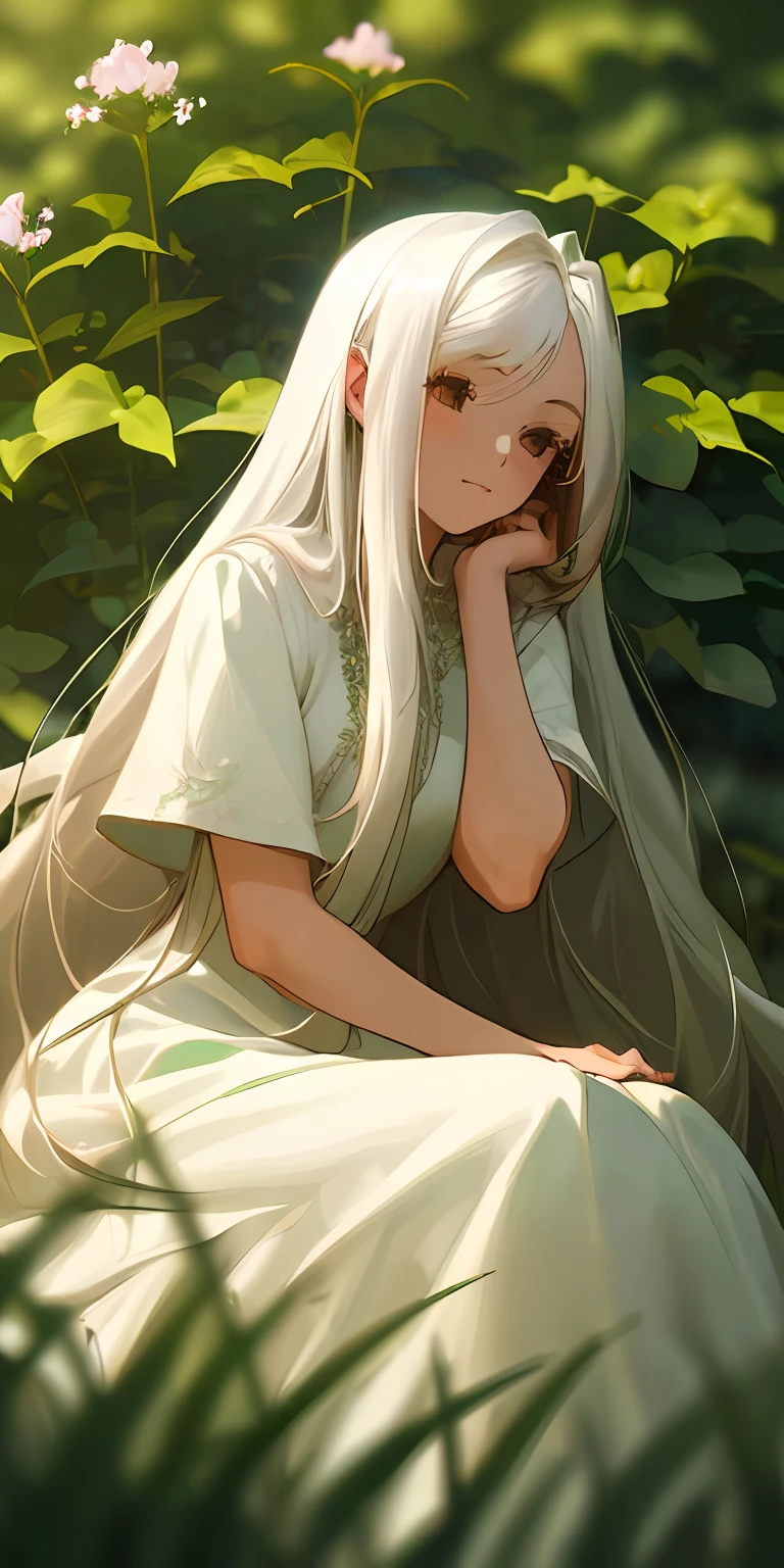 (masterpiece, best quality),1girl with long white hair sitting in a field of green plants and flowers, her hand under her chin, warm lighting, white dress, blurry foreground