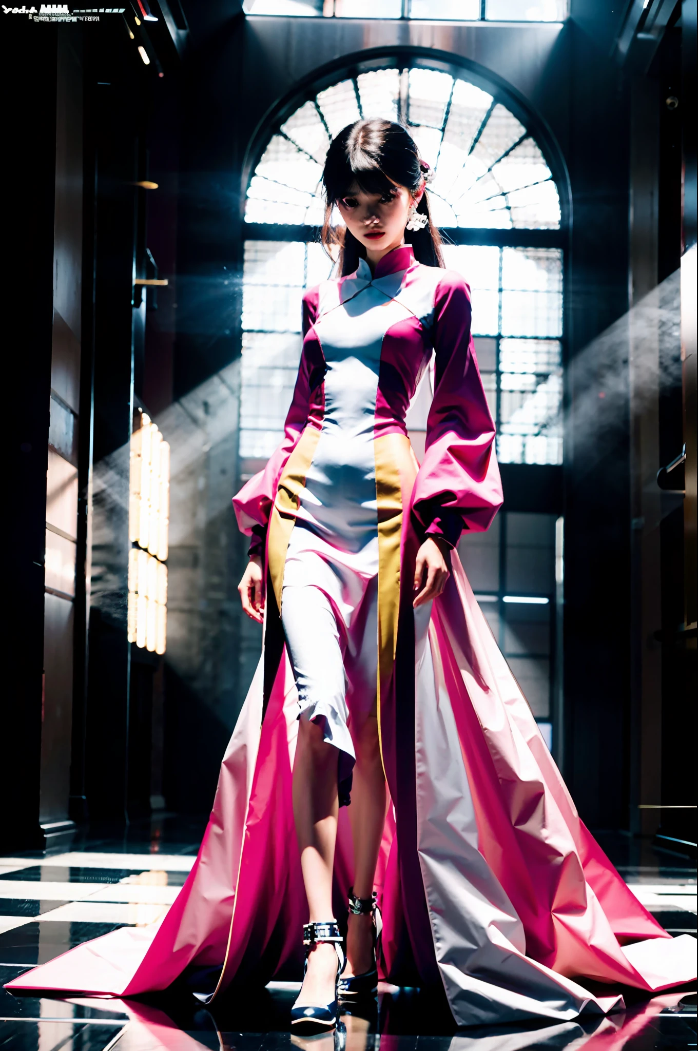 8k, photorealistic, futuristic, high fashion, japanese, modern, unique, dress, gown, skinny model, runway, conservative, regal, structured, conceptual, sculptured, pink