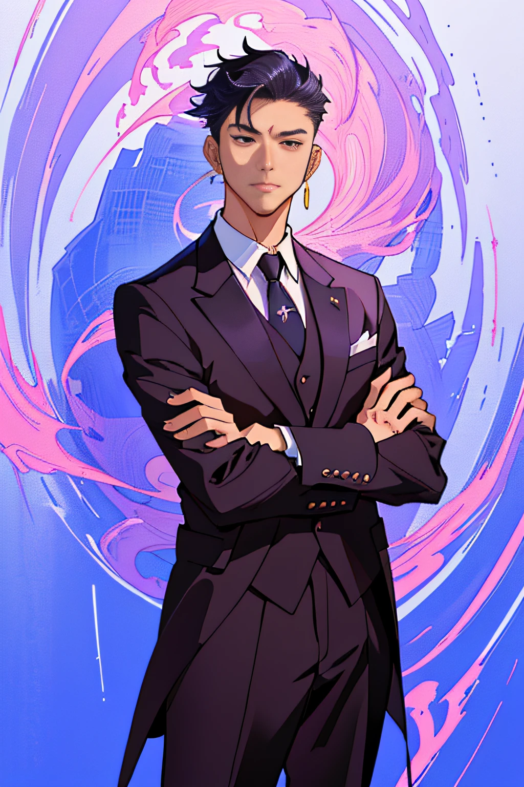 There was a man in a suit and tie standing with his arms crossed, character full body portrait, full body character portrait, inspired by Yanjun Cheng, stylized portrait formal pose, full-body portraits, kentaro miura art style, Full body portrait, portrait of kpop idol, full body character portrait, Digital anime illustration, inspired by Russell Dongjun Lu