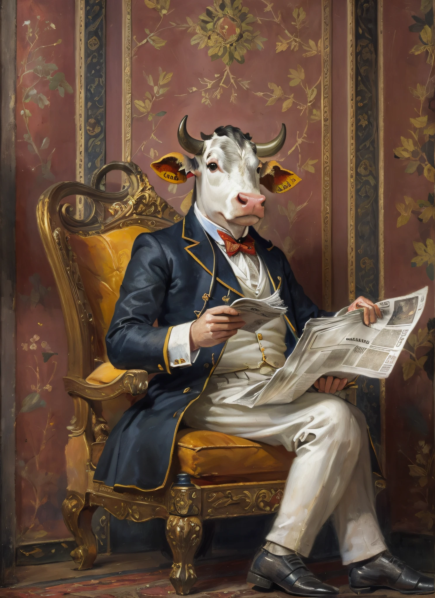 Three-quarters side,A cow dressed in a gentleman's filigree patterned costume, wearing noble clothes,Sit in a gorgeous chair,rcasual,reading a newspaper,Voith, painted in high resolution, Inspired by Albert Kuyp, Inspired by Nicolas Eliasson Pikenoi, inspired by Nicolaes Maes, sportrait, author:Tadeusz Pruszkówski, Inspired by Ferdinand Bohr's bullhead,The hand is a cow's hooves