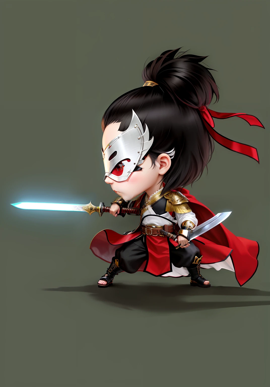chibi，Chibi anime characters，The sword，sword sheath，Refinement，Fine painting，Refinement，infinite details，high definition detail，Delicate belt，Belt accessories，Male characters，Blindfolds，sideface，swordsman，dark colored hair，Patterned，Pattern，Blank background，Bright colors，Metal edging