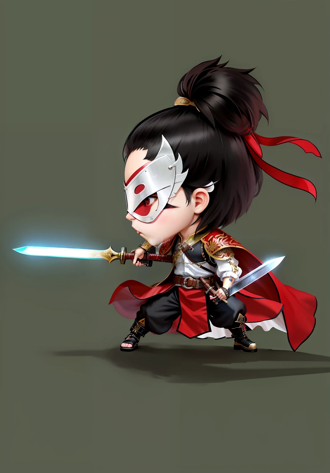 chibi,Chibi anime characters,The sword,sword sheath,Refinement,Fine painting,Refinement,infinite details,high definition detail,Delicate belt,Belt accessories,Male characters,Blindfolds,sideface,swordsman,dark colored hair,Patterned,Pattern,Blank background,Bright colors,Metal edging