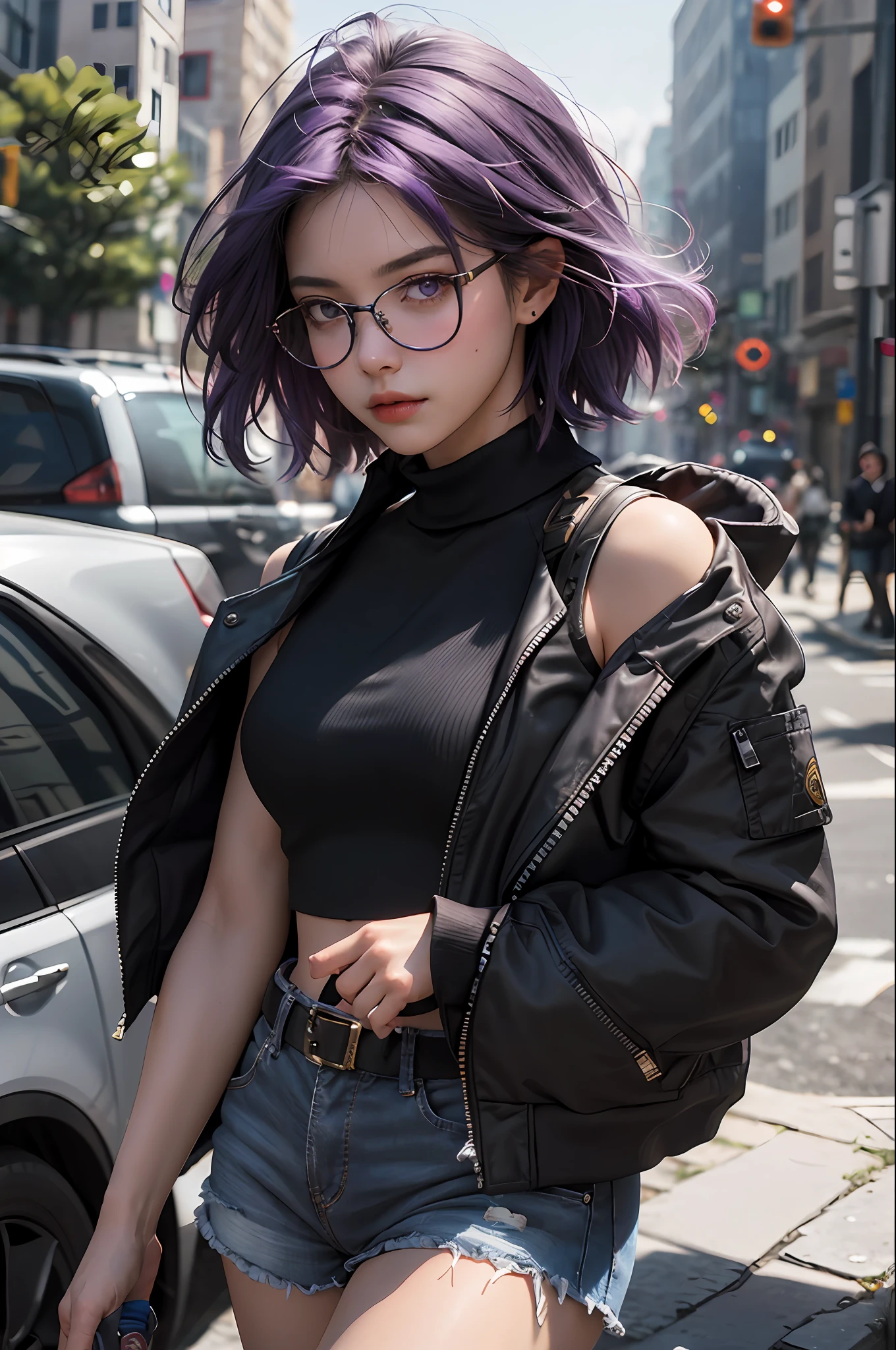 (Photorealistic:1.4), RAW photo, 1girll, Purple eyes, Purple hair, (eyewear on head), stellaron hunters outfit, Black jacket, jacket on shoulders, shirt, Shorts, Pantyhose, Boots,deepshadow, Detailed face, Detailed eyes, Depth of field, Bokeh, vibrant detail, finely detailed, Hyperrealistic, 35mm film, Hazy and blurry,Upper body,, Masterpiece,Ultra photo realsisim,32K,Extremely detailed Cg Unity 8K wallpaper, Best quality