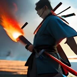 japanese samurai, Holding your sword with fire blades, fighting position, roupas com cores vibrantes, foto tirada de frente, with a super realistic camera.