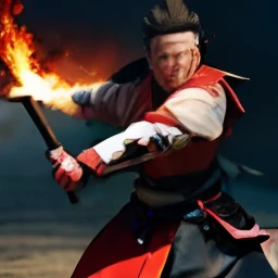 japanese samurai, Holding your sword with fire blades, fighting position, roupas com cores vibrantes, foto tirada de frente, with a super realistic camera.