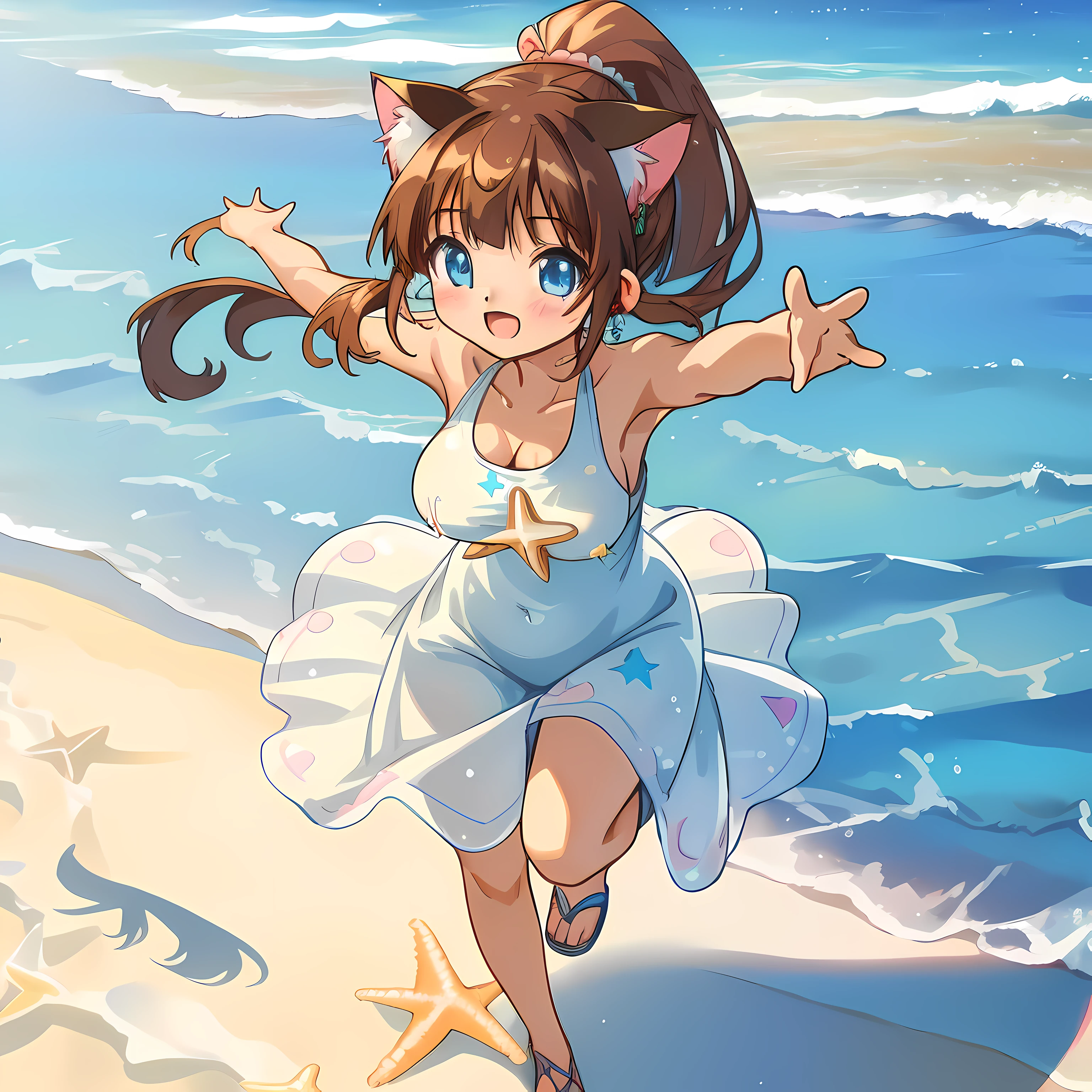 (Highly detailed CG Unity 8k wallpaper), (Best Quality), (Super Detail), (Best Illustration), (Best Shadow), POV, Realistic lighting and shading, Natural light, Lens flare effect, BREAK, 1 beautiful girl, Solo,(Cute:1.5),(Chibi:0.8), (kawaii:1.5),(Lori:0.5), BREAK, ( ( girl), Very detailed, colourfull, highest details, BREAK, (Huge breasts: 1. 2,), Clear skin, Beautiful skin, Shy skin, 1 beautiful girl, Brown hair, (Cat ears, Ponytail, medium-Long hair: 1. 2), (Light blue eyes, long eyelashes, Double eyelids: 1. 2), Solo, gleaming skin, BREAK,(Wet Casual Beachwear:1.2), (lightweight summer one-piece dress:1.2), (a straw fedora hat:1.0), (flipflops:1.0), (star-shaped earring:1.1), (Lace headband:1.0), (Cute Accessories:1.3), (self-satisfied look :D:1.1), (Casual pose, Walking:1.3), (Beach background:1.3), (Holding a large float with both arms:1.1), BREAK,🌇,