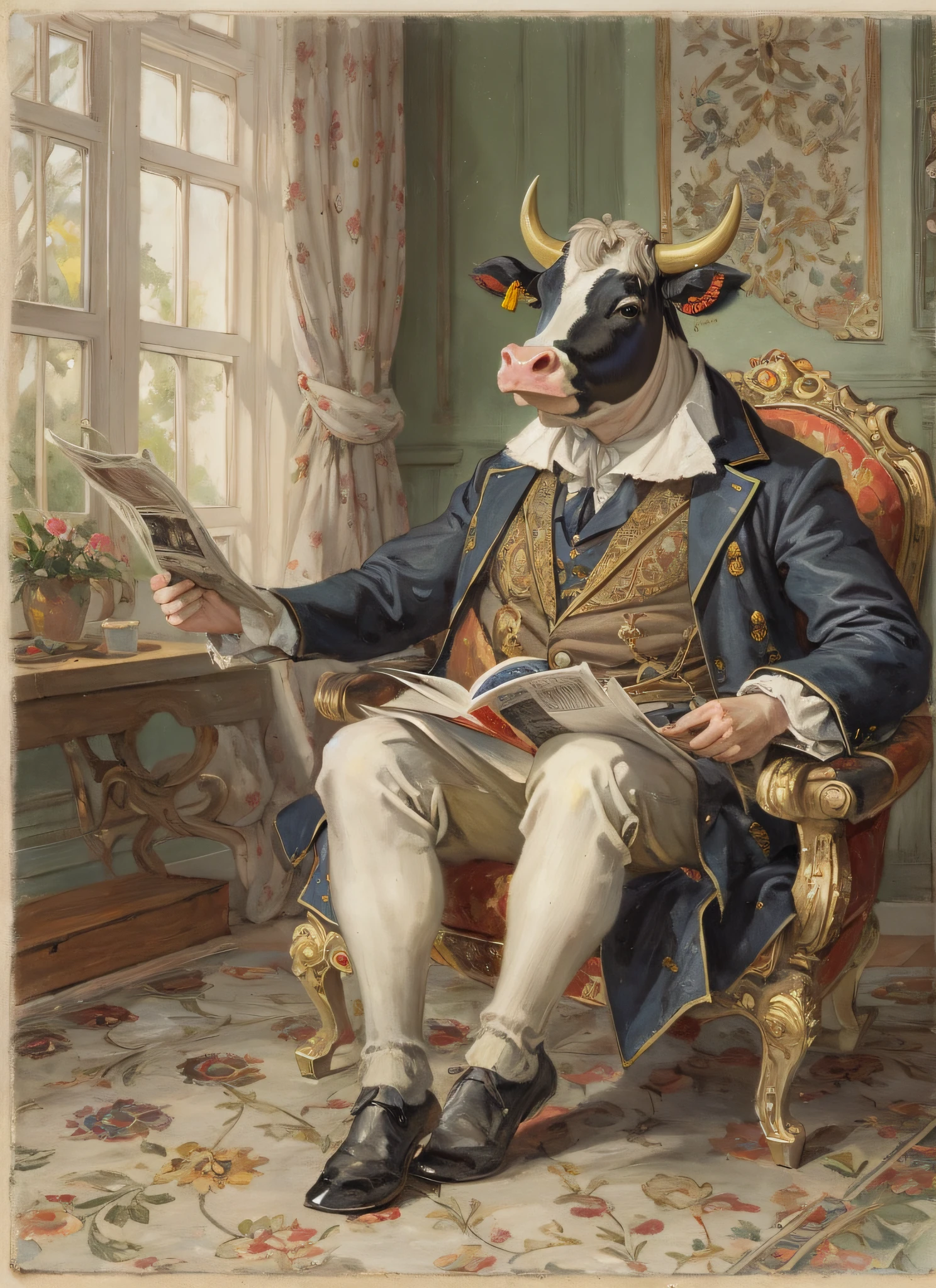 Three-quarters side,A cow dressed in a gentleman's filigree patterned costume, wearing noble clothes,Sit in a gorgeous chair,rcasual,reading a newspaper,Voith, painted in high resolution, Inspired by Albert Kuyp, Inspired by Nicolas Eliasson Pikenoi, inspired by Nicolaes Maes, sportrait, author:Tadeusz Pruszkówski, Inspired by Ferdinand Bohr's bullhead,The hand is a cow's hooves