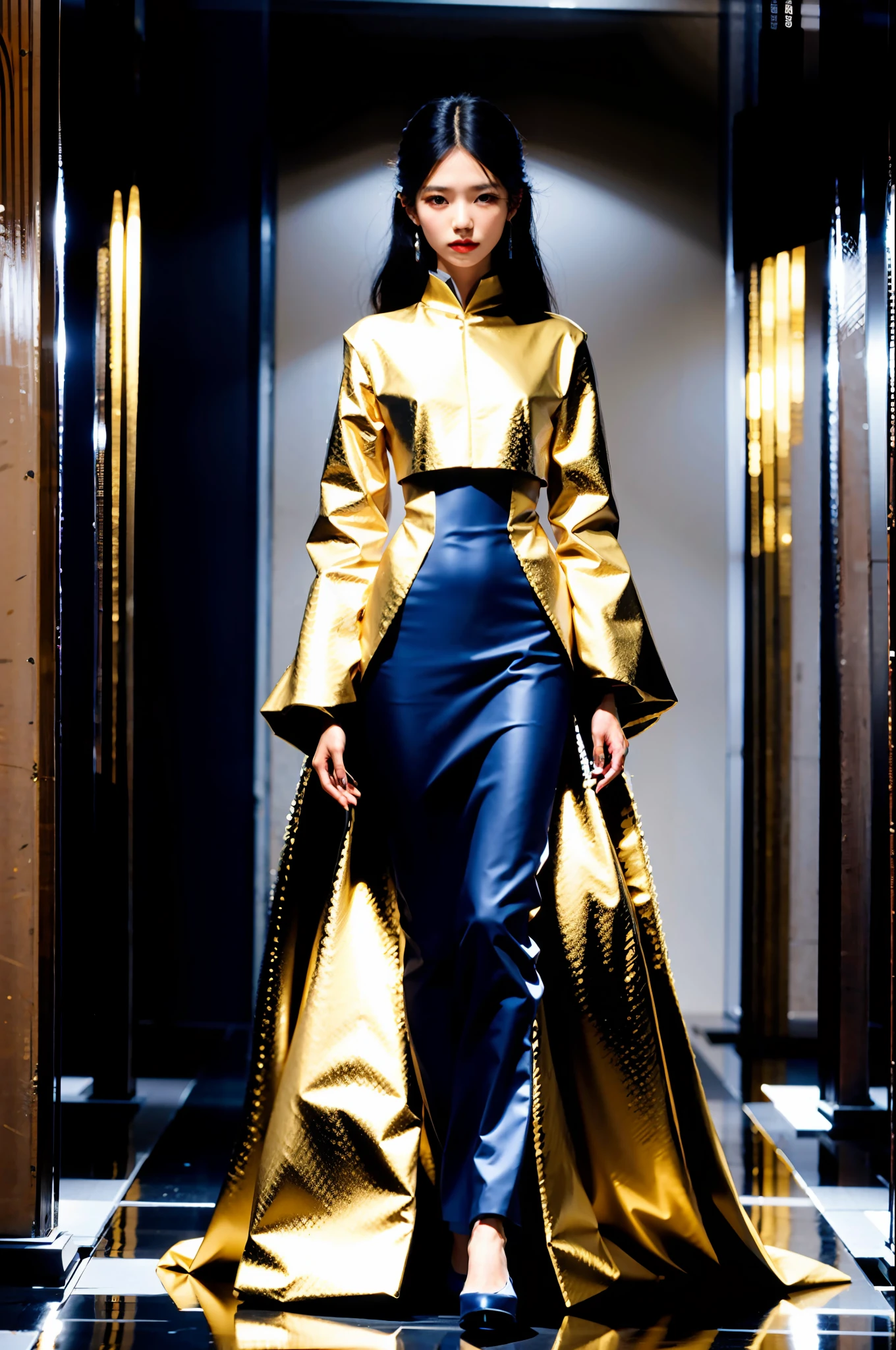 8k, photorealistic, futuristic, high fashion, japanese, modern, unique, dress, gown, skinny model, runway, conservative, regal, structured, conceptual, sculptured, navy and gold